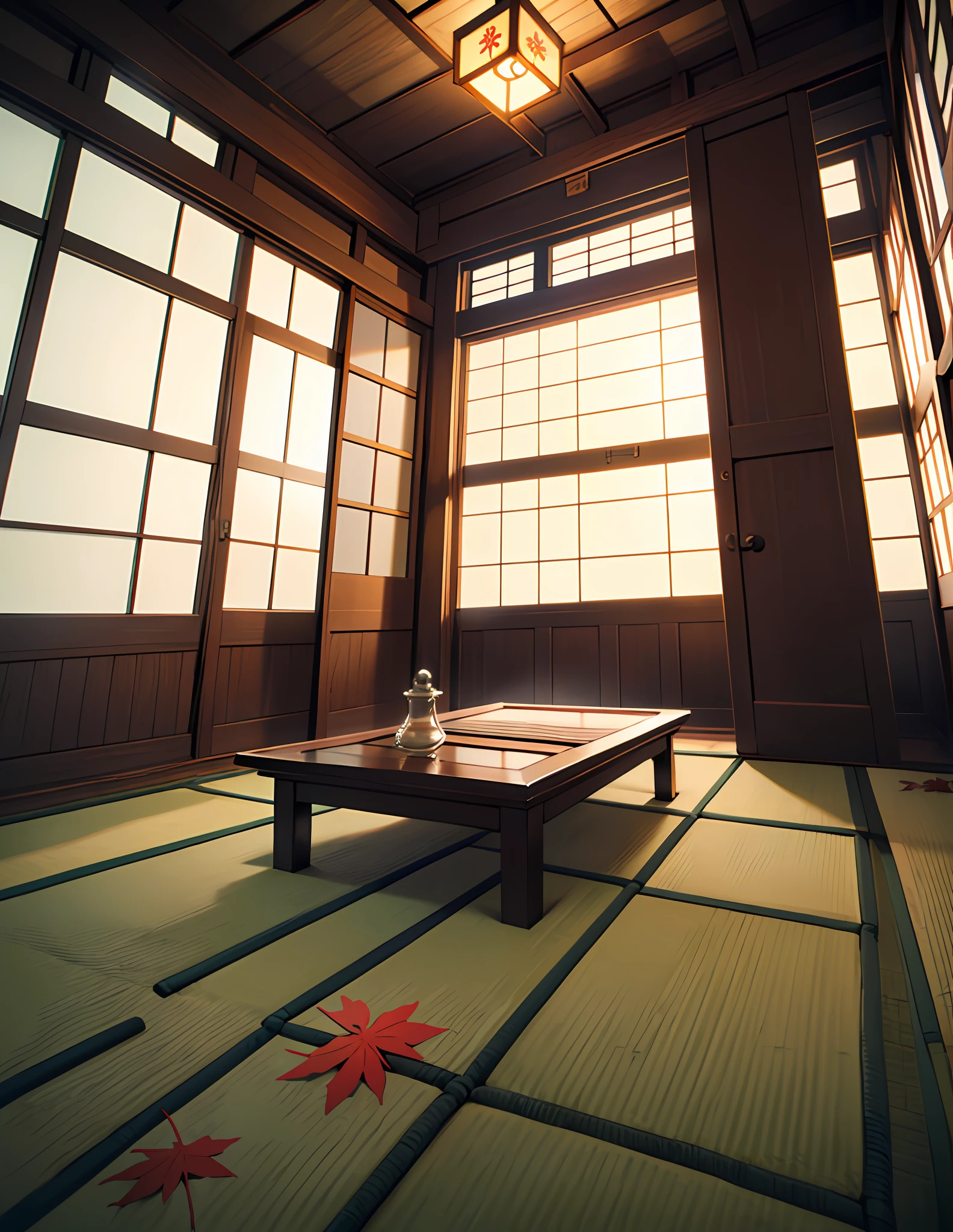inside in room、Japan Room、Old Japan room、Beautiful maple leaves outside the small round window、Soft light、Dark indoor、Large tatami room、lattice windows