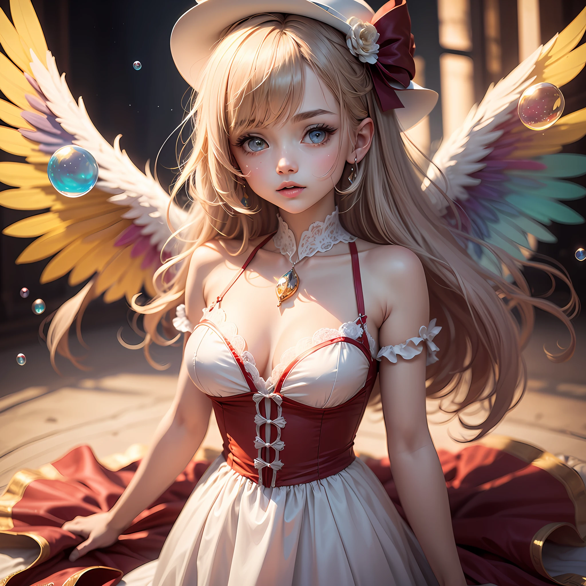 ((best quality)), ((masterpiece)), ((ultra-detailed)), (illustration), (detailed light), (an extremely delicate and beautiful), a girl,flandre,white hat,red ribbons,mahou shoujo, wings like stars, cute face, upper body, two legs, long dress, (beautiful detailed eyes), stars in the eyes, messy floating hair, colored inner hair, Starry sky adorns hair, (lots_of_big_colorful_Bubble), [pearl], [Galaxy], depth of field --auto