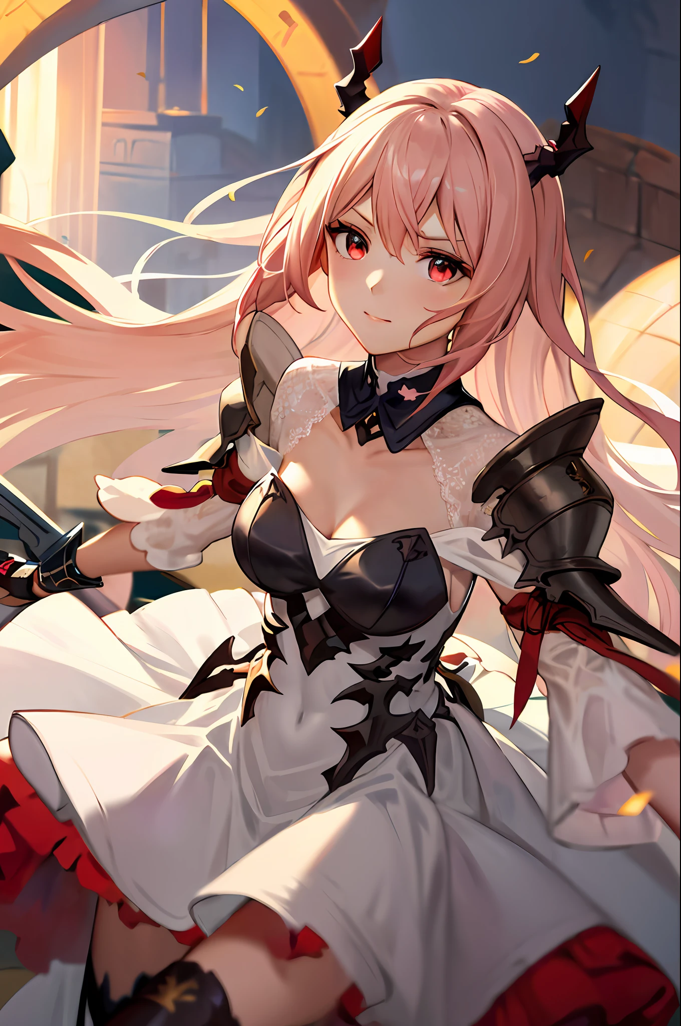 masterpiece, best quality, highres, 1girl, horns,(theresahead), (red eyes), (Sulking), white dress solo, shoulder armor, dress, very long hair, thigh strap, white dress, (swinging arround a big sword), (wearing steel greaves), (wearing steel gauntlets), (wearing chest plate), cleavage, pauldrons, white thighhighs, medium breasts, bangs, detached sleeves, (attacking monster)