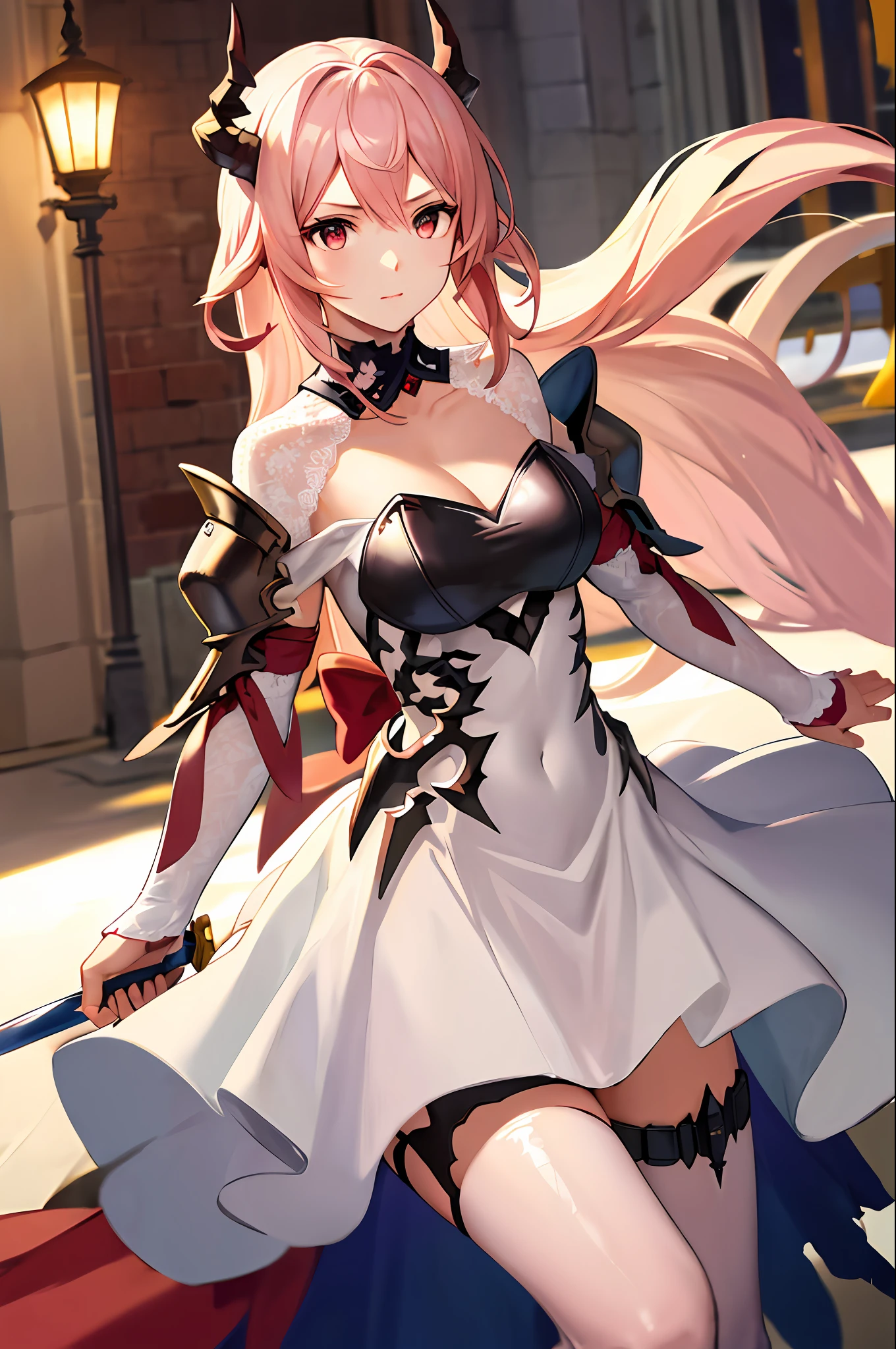 masterpiece, best quality, highres, 1girl, horns,(theresahead), (red eyes), (Sulking), white dress solo, shoulder armor, dress, very long hair, thigh strap, white dress, (swinging arround a big sword), (wearing steel greaves), (wearing steel gauntlets), (wearing chest plate), cleavage, pauldrons, white thighhighs, medium breasts, bangs, detached sleeves, (attacking monster)