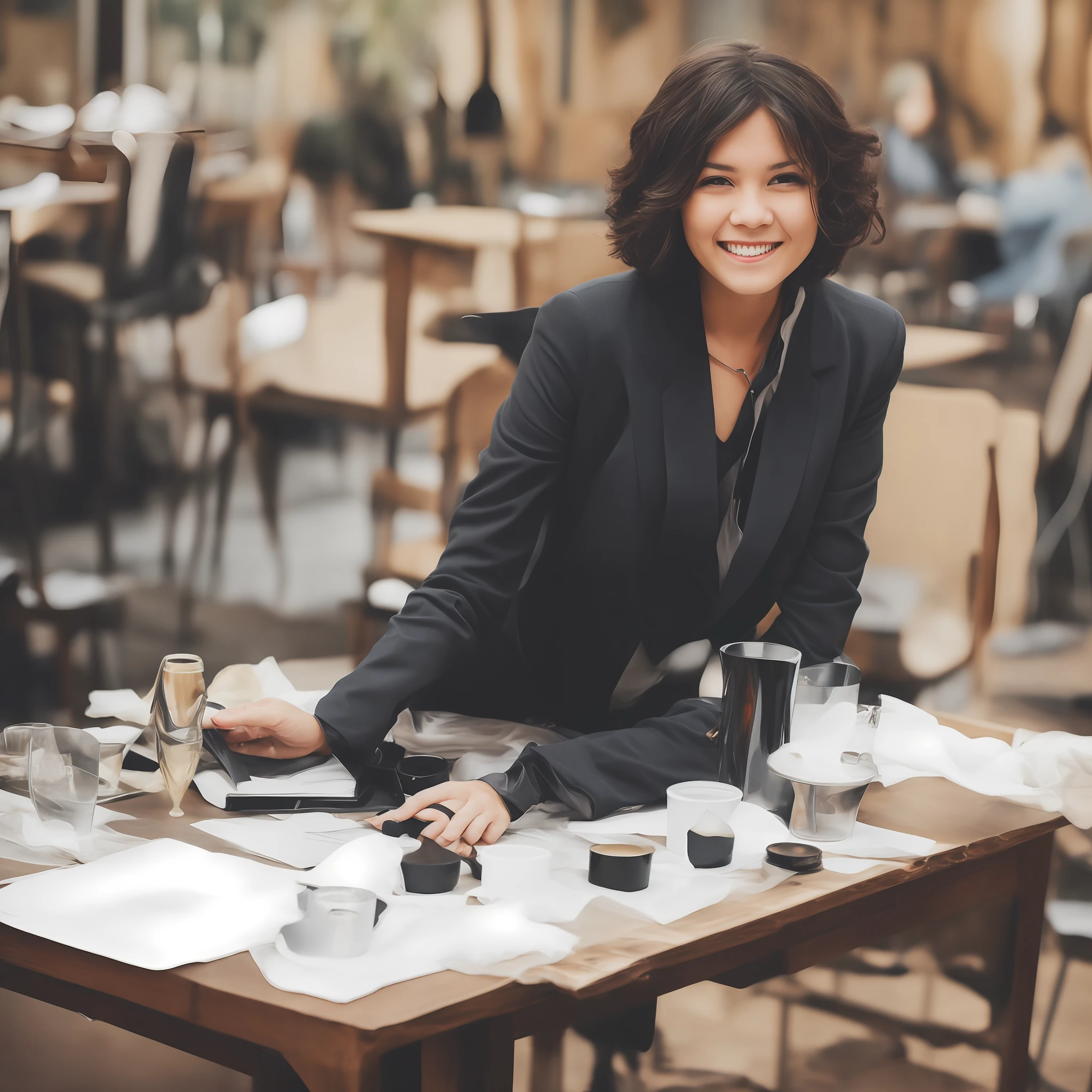 White gloves,In black suit,bob-cut hair,A miserable white face,A strategic smile,Pure black eyeballs,Gloomy environment,Woman sitting at a table --auto