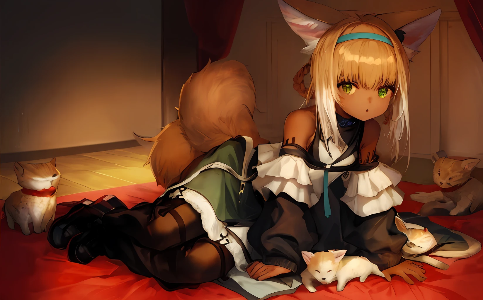 whaite hair，Dark skin，Stockings，a beauty girl，green pupills，Animal ears，Need，tmasterpiece