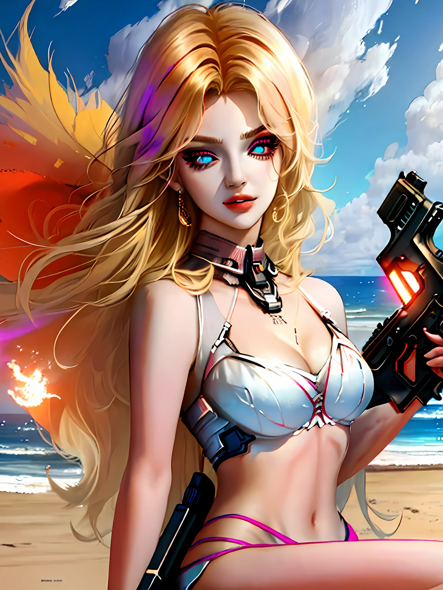 Beautiful woman colored white hair, , long breasts, cyberpunk style realistic detailed, redhead,masterpiece, extreme quality, perfect eyes, perfect body, perfect face, cinematic light, digital drawing, neckline, large breasts,1girl only, 2 legs only, two arms,perfect body, mature female, soft, perfect and detailed hands, firing her gun, detailed beach background, thick eyelashes, makeup, eyeshadow, curvy,  blonde