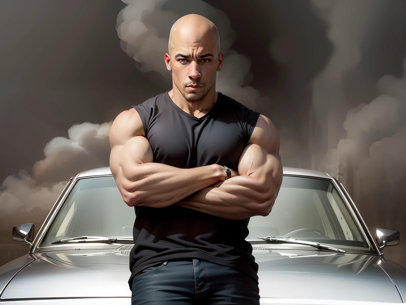 Retrato corporal do Vin Diesel sem cabelo, olhos lindos e perfeitos, (pele altamente detalhada: 1.1), (forte e perfeitos), corpo realista, FOTOREALISTIC, rosto detalhado, soft ilumination, estilo --auto