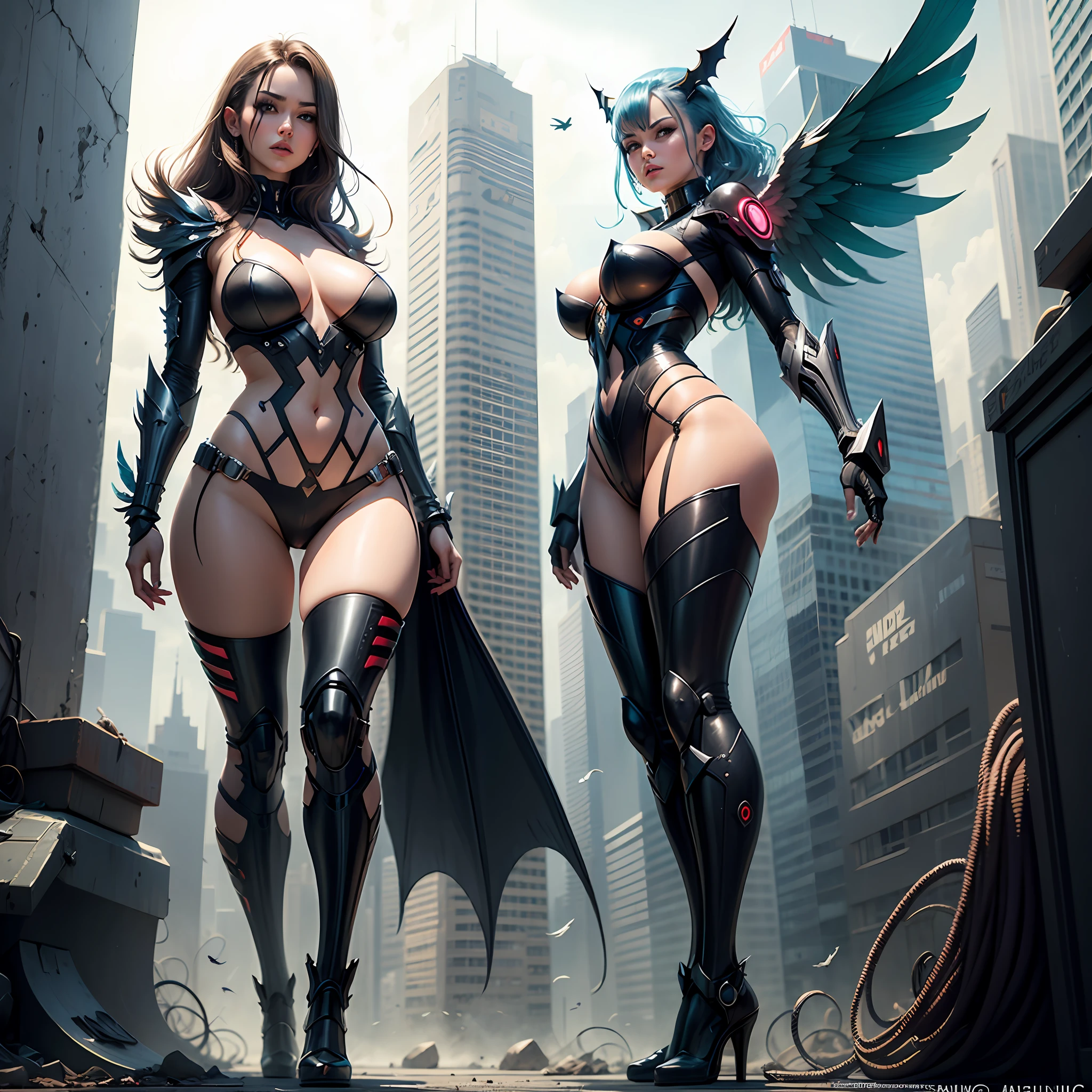 Half Angel, Half Demon, Winged Feather, Batwing, Mecha, Female, Big Breasts, Nichiman, Fighting Stance, Cyberpunk --auto