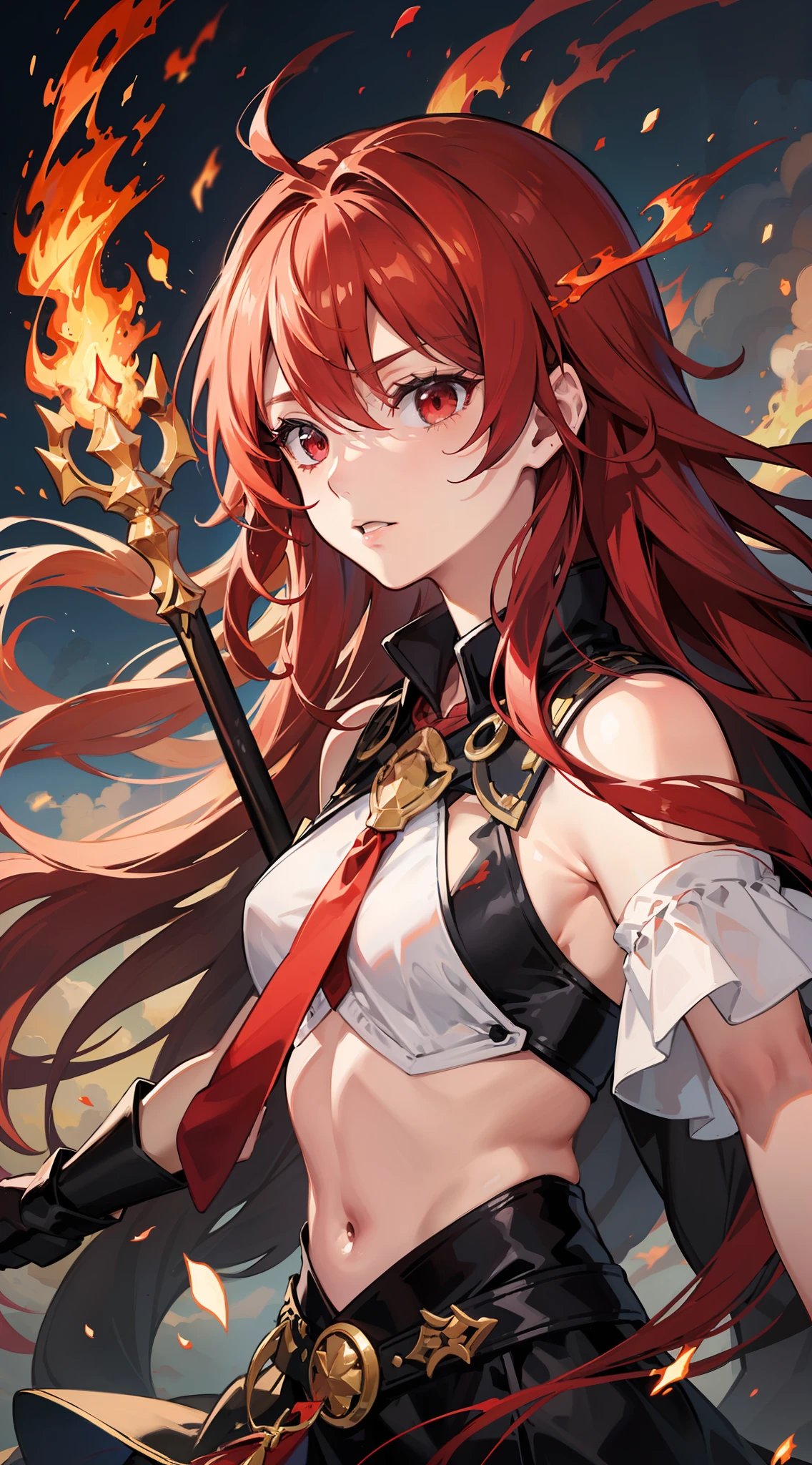 Red long-haired，Hair gushes outward like flames，Red eyes，holds a spear，Fly in the air，Black coat，White lining