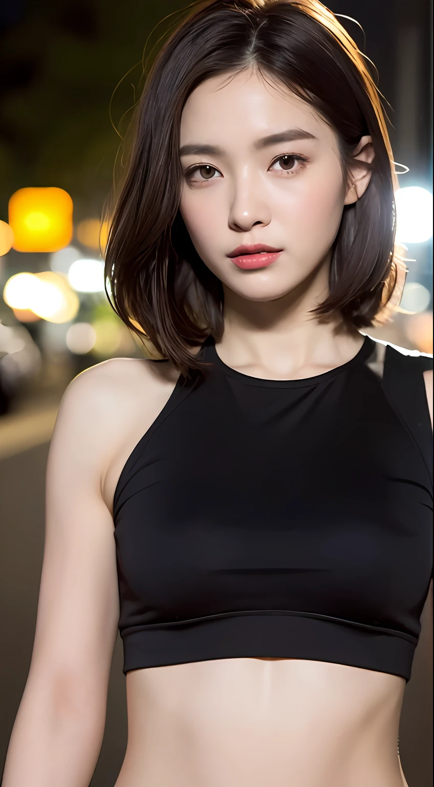 ((Realistic lighting, Best quality, 8K, Masterpiece: 1.3)), Clear focus: 1.2, 1girl, Perfect Figure: 1.4, Slim Abs: 1.1, ((Dark brown hair)), (White crop top: 1.4), (Outdoor, Night: 1.1), City streets, Super fine face, Fine eyes, Double eyelids,