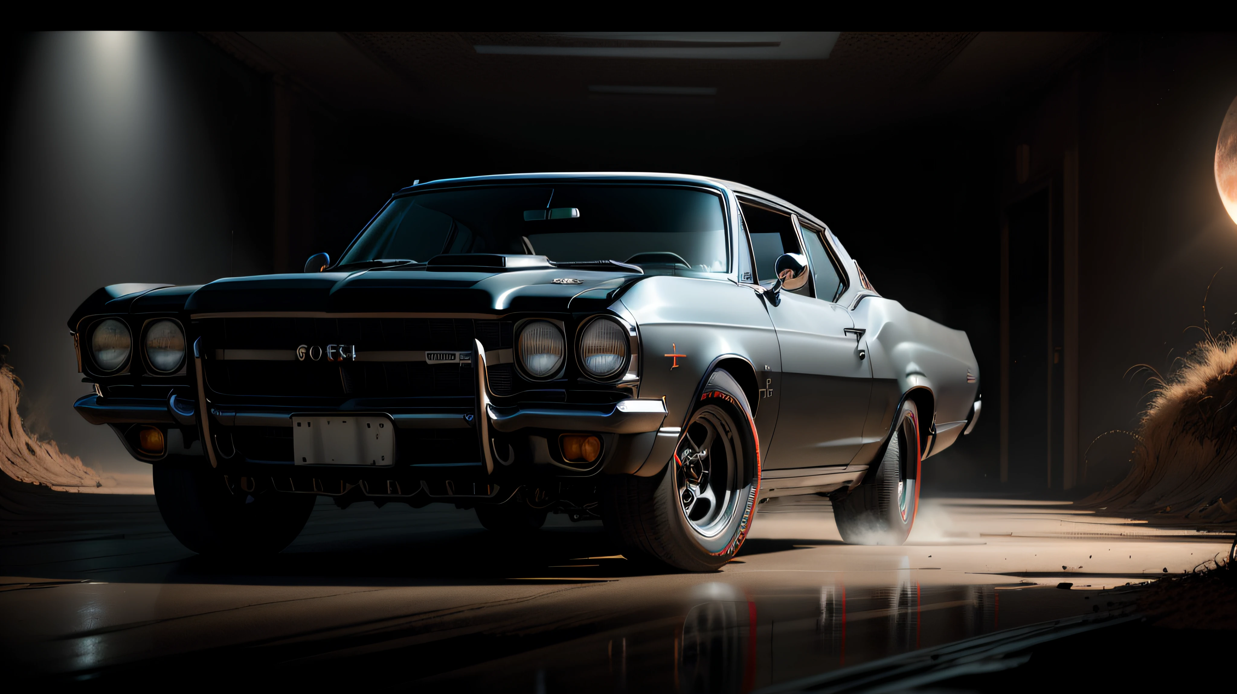Create a cinematic, filmic image 4k, 8k with [George Miller's Mad Max style]. The image should be captured in a [wide-angle view] and depict [single] a [post-apocalyptic]  V8 [muscle car]. The car's paint is a [black] covered in a spots of [rust] and thin layer of smooth [dust] and [dirt], making it appear [rugged] and [gritty] but with visible [black color]
The car's body should be [sleek] and [aerodynamic], giving it a [low] and [aggressive] stance that conveys [power] and [speed]. The front of the car should feature a [distinctive] front nose cone with [rectangular lights] that adds to its [intimidating] appearance. The car's wheels should be [large] and [sturdy], with [thick] tires that can handle the [rough] terrain of the [post-apocalyptic] wasteland. The rims should be made of [durable] metal with a [unique design] that showcases the car's [individuality].
In addition, the car should have [eight exhaust side pipes]. The car should also feature a Weiand 6-71 [supercharger] mounted on the hood, protruding through the bonnet.
Car should be designed to look both [powerful] and [functional], built to withstand the [harsh] conditions of the [post-apocalyptic] wasteland.
The image should be [ultra-realistic], with [high-resolution] captured in [natural light]. The lighting should create [soft shadows] and showcase the [raw] and [vibrant colors] of the car. The image should be a highly-detailed photography set in a [post-nuclear], [fallout] like setting, conveying a sense of [danger] and [grittiness]. The final image should be a [masterpiece], with a [realistic portrayal] of the Interceptor that is both [intimidating] and [awe-inspiring]. Background should contain [empty desert highway], image takes place before the storm, with the [hot summer sun] still shining brightly in the sky, but in the distance, the sky is a [dark and foreboding shade of blue], hinting at an impending storm