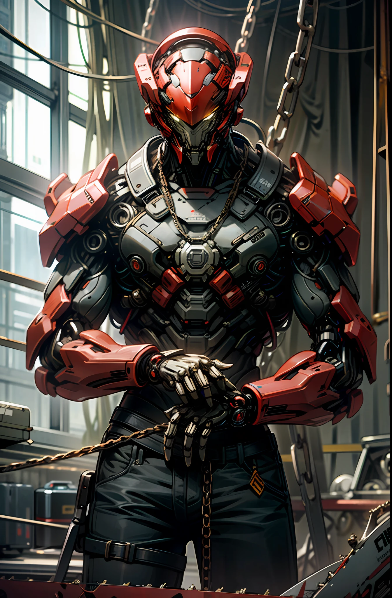 Dark_Fantasy,Cyberpunk,(chain saw,chain saw man,Red:1.1),1man,Mechanical marvel,Robotic presence,Cybernetic guardian,