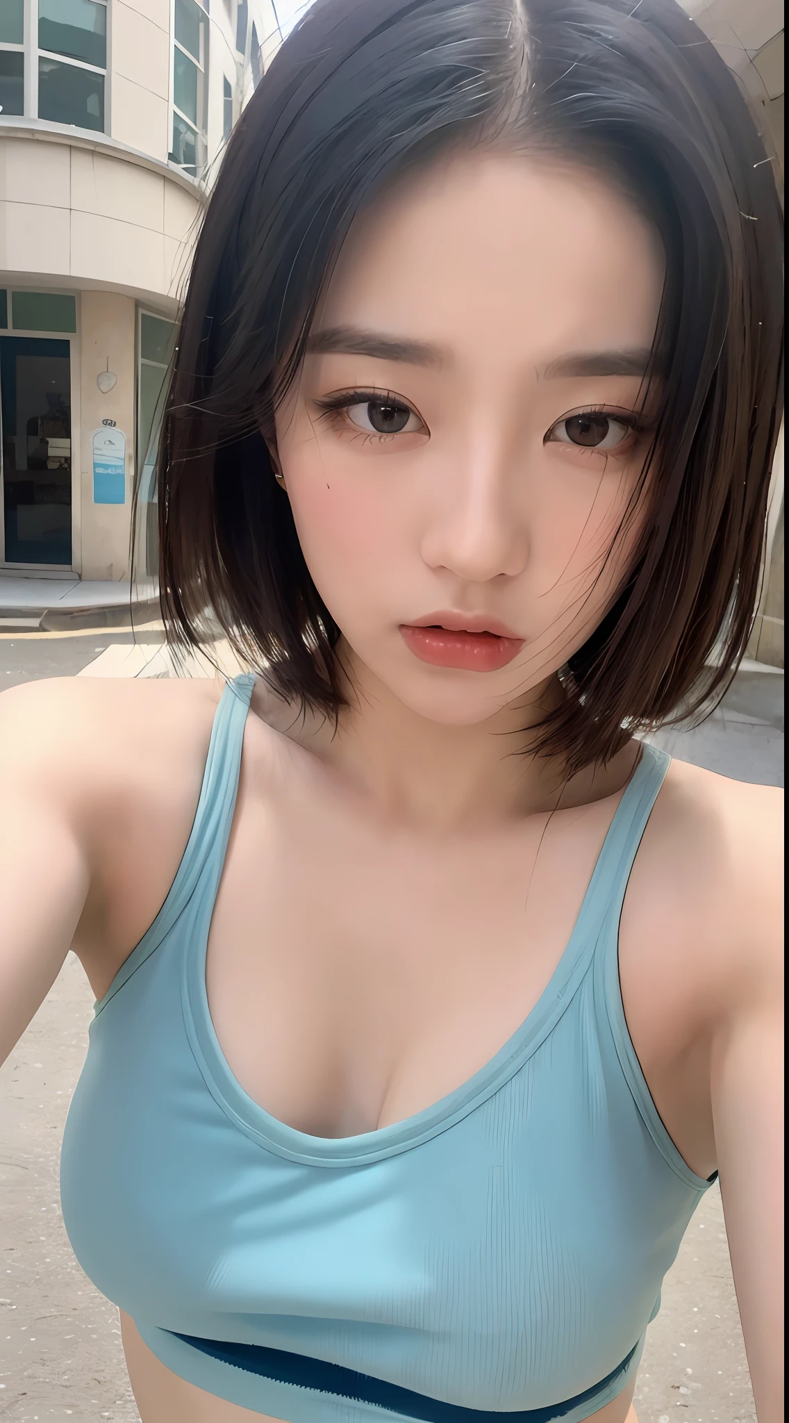 ((Best quality, 8k, Masterpiece :1.3)), Sharp focus:1.2, Perfect Body Beauty: 1.4, Slim Abs: 1.2, (Short Layered Hair, Naughty Expression: 1.2), (Tank top shirt:1.1), (Street: 1.2), Highly detailed face and skin texture, Fine eyes, Double eyelids