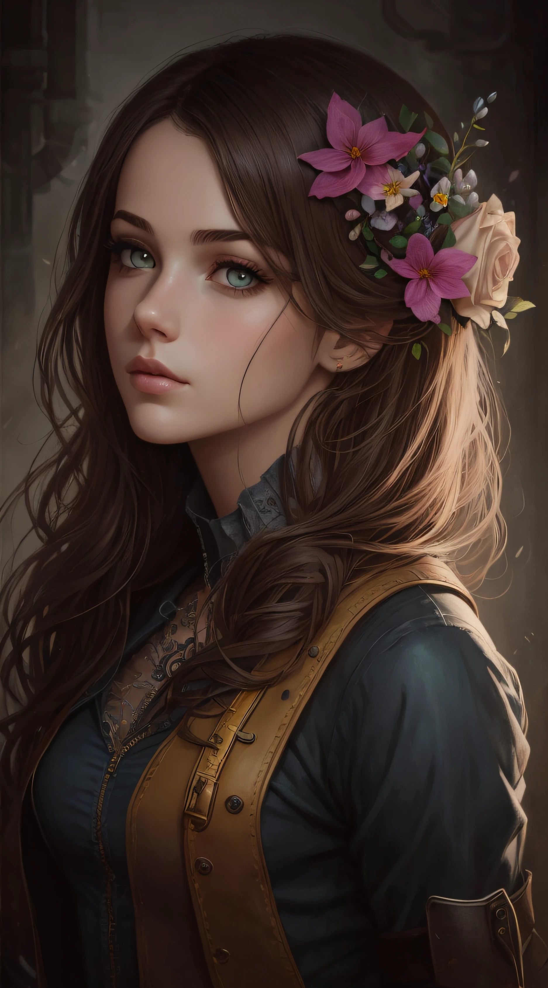 "Retrato realista de litografia de Charlie Bowater de alta qualidade, altamente detalhado, textura de papel velho, estilo Dieselpunk com elementos de [engrenagens] and pipes, adornado com fitas multicoloridas e flores. " --auto