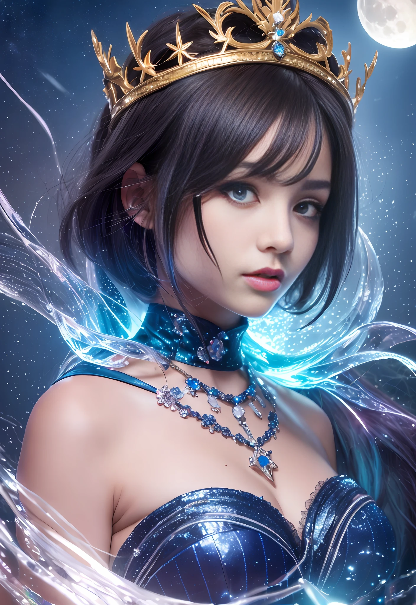 Night, (1 girl)), loneliness, masterpiece, 8k wallpaper, high resolution, absurdity, high quality background, short hair, black hair, multi-colored hair, beautiful frozen village, (full moon), blue dress, detail dress, jewelry dress, (magic: 1.2), blue flame, blue eyes, glowing eyes, fire, ice goddess, (blue delicate beautiful crown), electricity, blue electricity, blue light particles