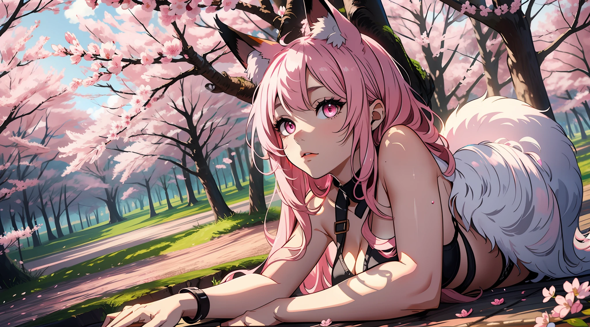 Need,tmasterpiece,best qualityer,8K分辨率,Ultra-clear skin texture,Feminine woman,A pink-haired,Pink eyes,fox ear,fox tails,Leaking out of long legs,Sexy and charming,Portrait photography,Cherry blossoms in the background,Sexy figure,Perfect facial features,tmasterpiece,Ultra-clear resolution