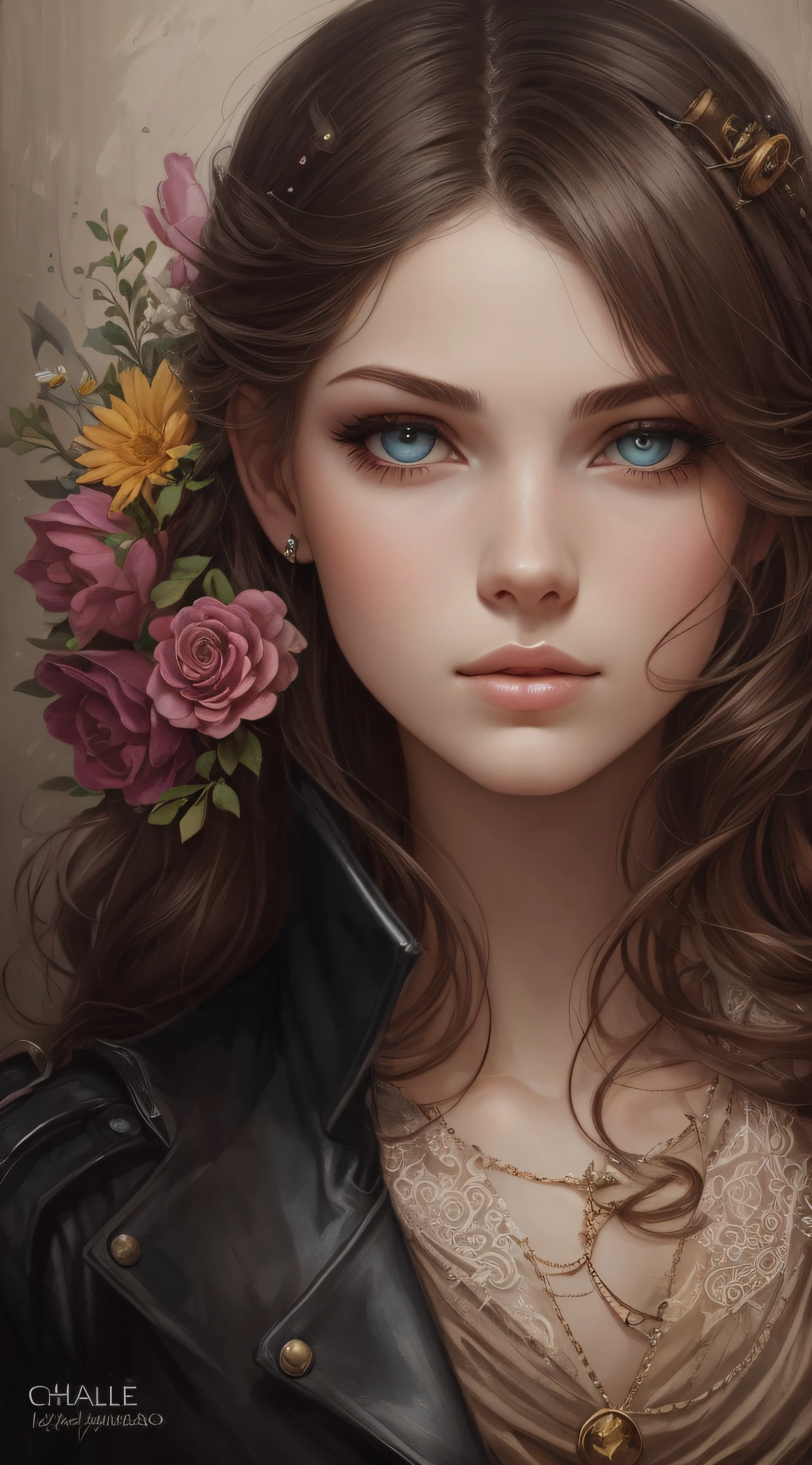 "Retrato realista de litografia de Charlie Bowater de alta qualidade, altamente detalhado, textura de papel velho, estilo Dieselpunk com elementos de [engrenagens] and pipes, adornado com fitas multicoloridas e flores. " --auto