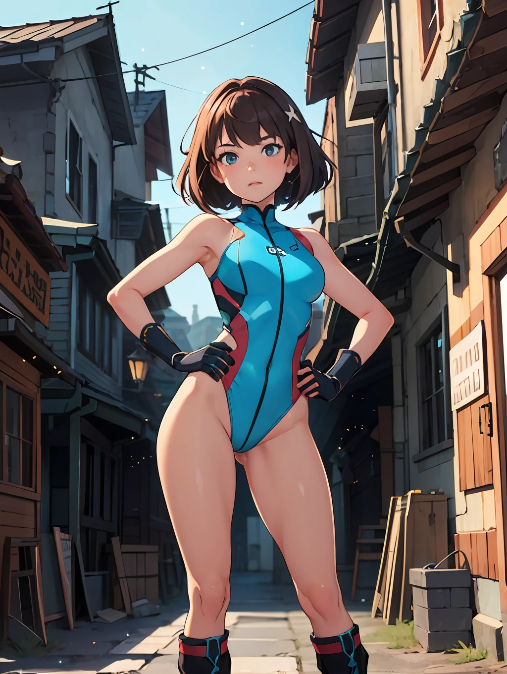 (masterpiece), best quality, highly detailed, detailed background, cinematic lighting, outdoor, 1girl, medium hair, medium breasts, leotard, bare legs, match boots, gloves, hands on hip, light particles, glow