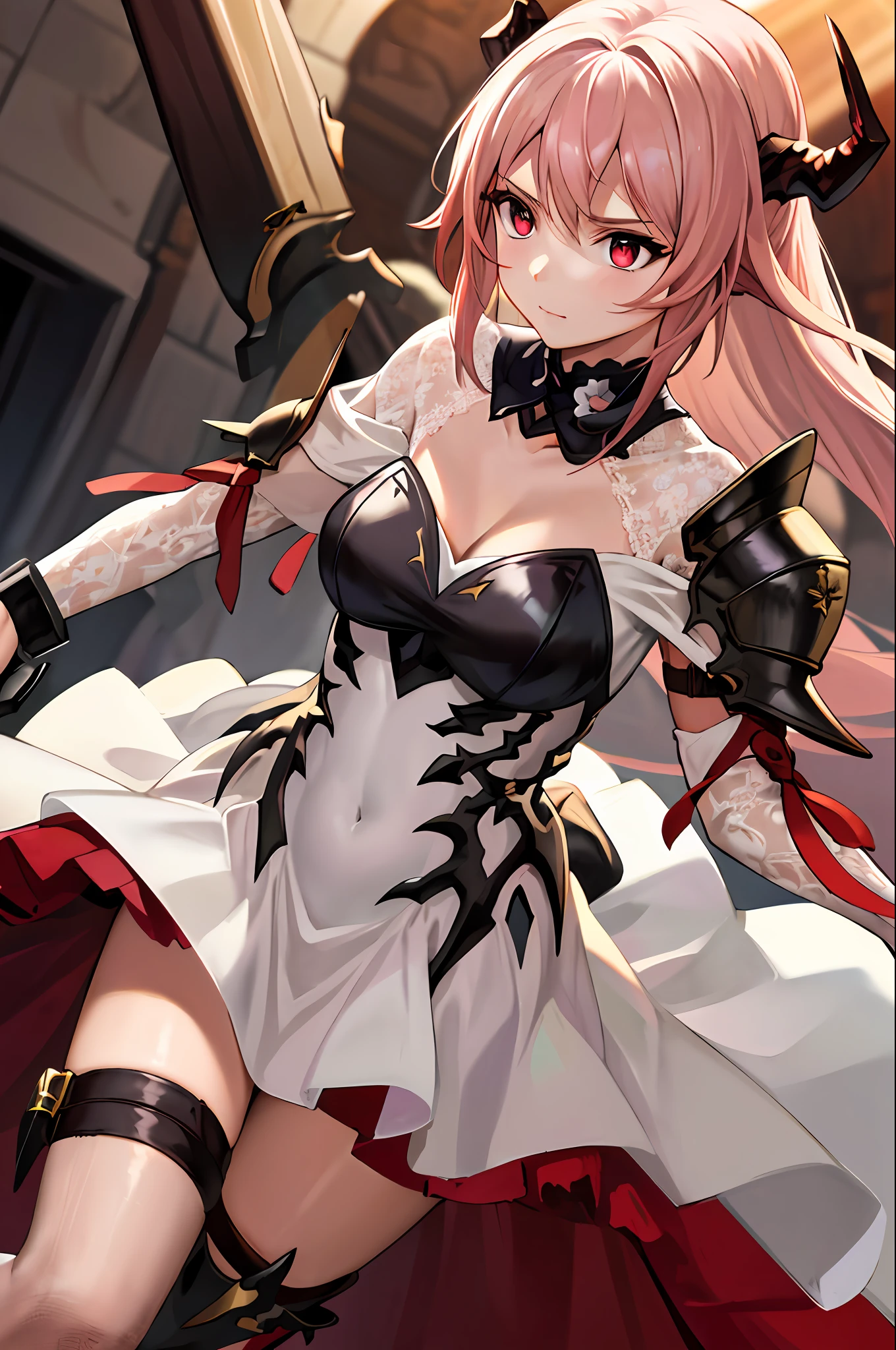 masterpiece, best quality, highres, 1girl, horns,(theresahead), (red eyes), (Sulking), white dress solo, shoulder armor, dress, very long hair, thigh strap, white dress, (in fighting stands), (holding a big sword), (wearing steel greaves), (wearing steel gauntlets), (wearing chest plate), cleavage, pauldrons, white thighhighs, medium breasts, bangs, detached sleeves, (attacking monster)