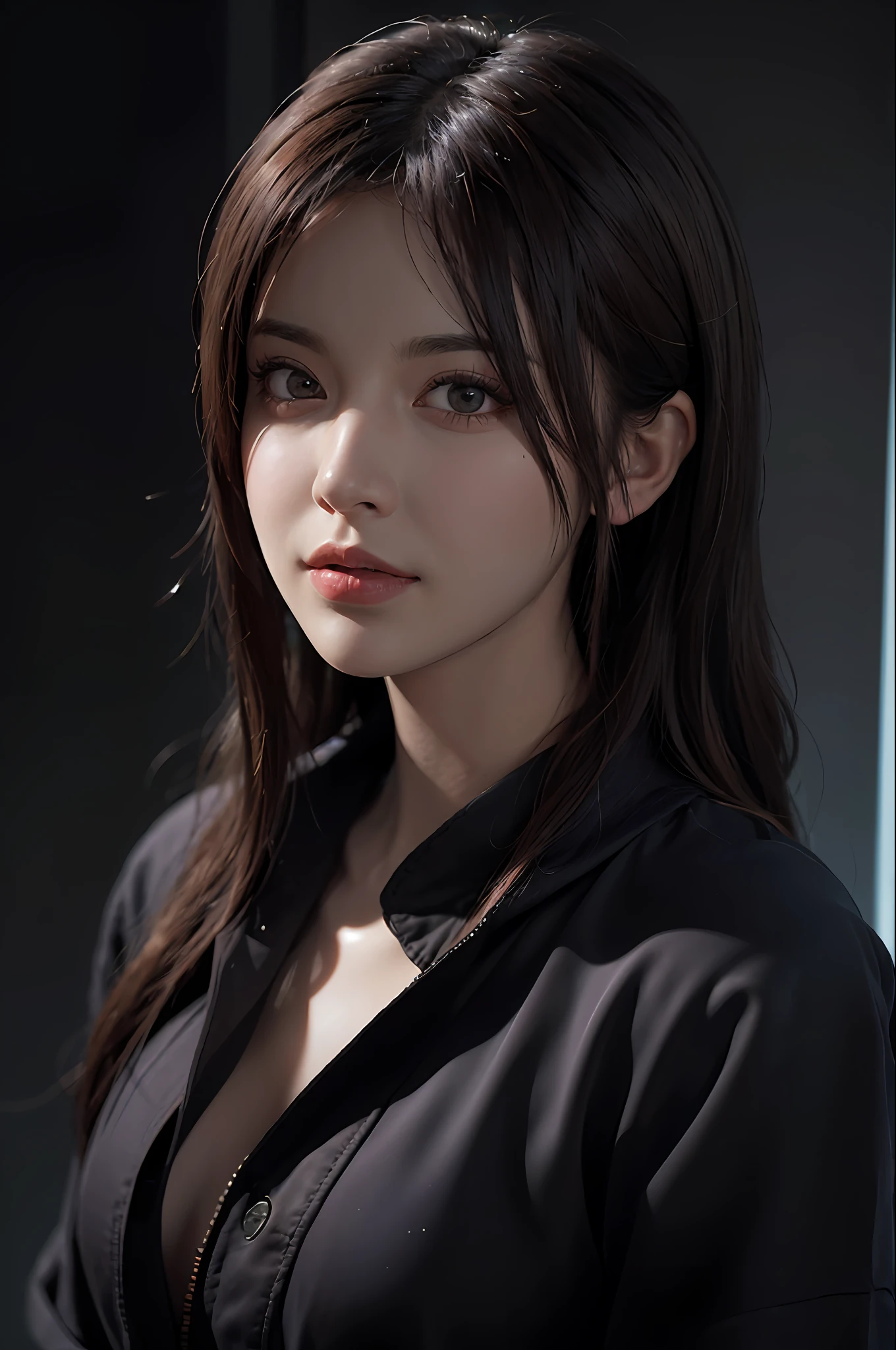 (front focus),(in the dark:1.6), Hyperrealist portrait of female by david hockney and alphonse mucha,fantasy art, photo realistic, dynamic lighting, artstation, poster, volumetric lighting, very detailed faces, 4 k, award winning,, 1girl, in the dark, deep shadow, low key,cowboy shot,(official clothing:1.4) ,long hair,white hair,