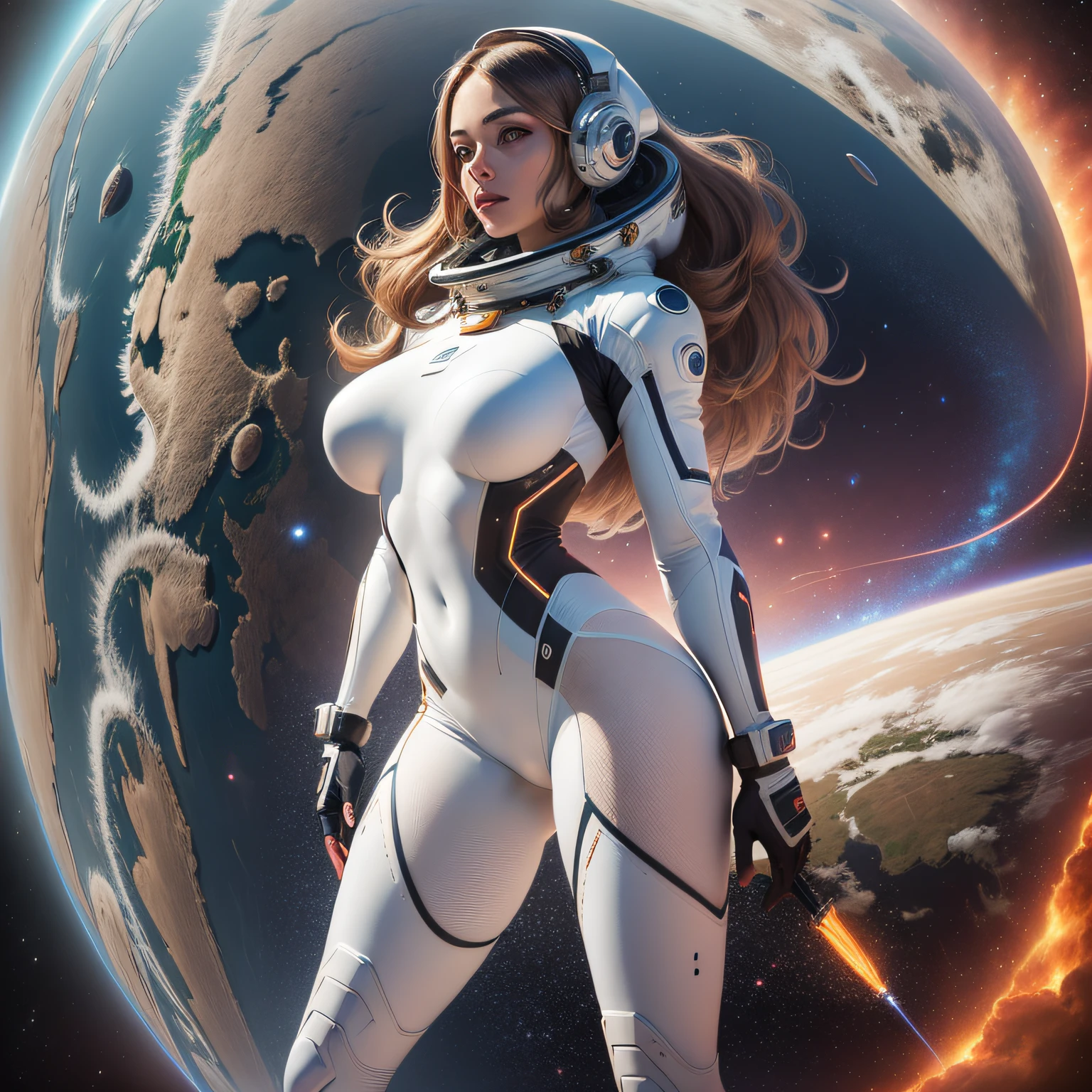An image depicting an elegant woman from space in a sleek and sophisticated futuristic spacesuit floating gracefully in Earth's orbit. O pano de fundo apresenta a beleza majestosa do nosso planeta, increasing the allure of his presence.
