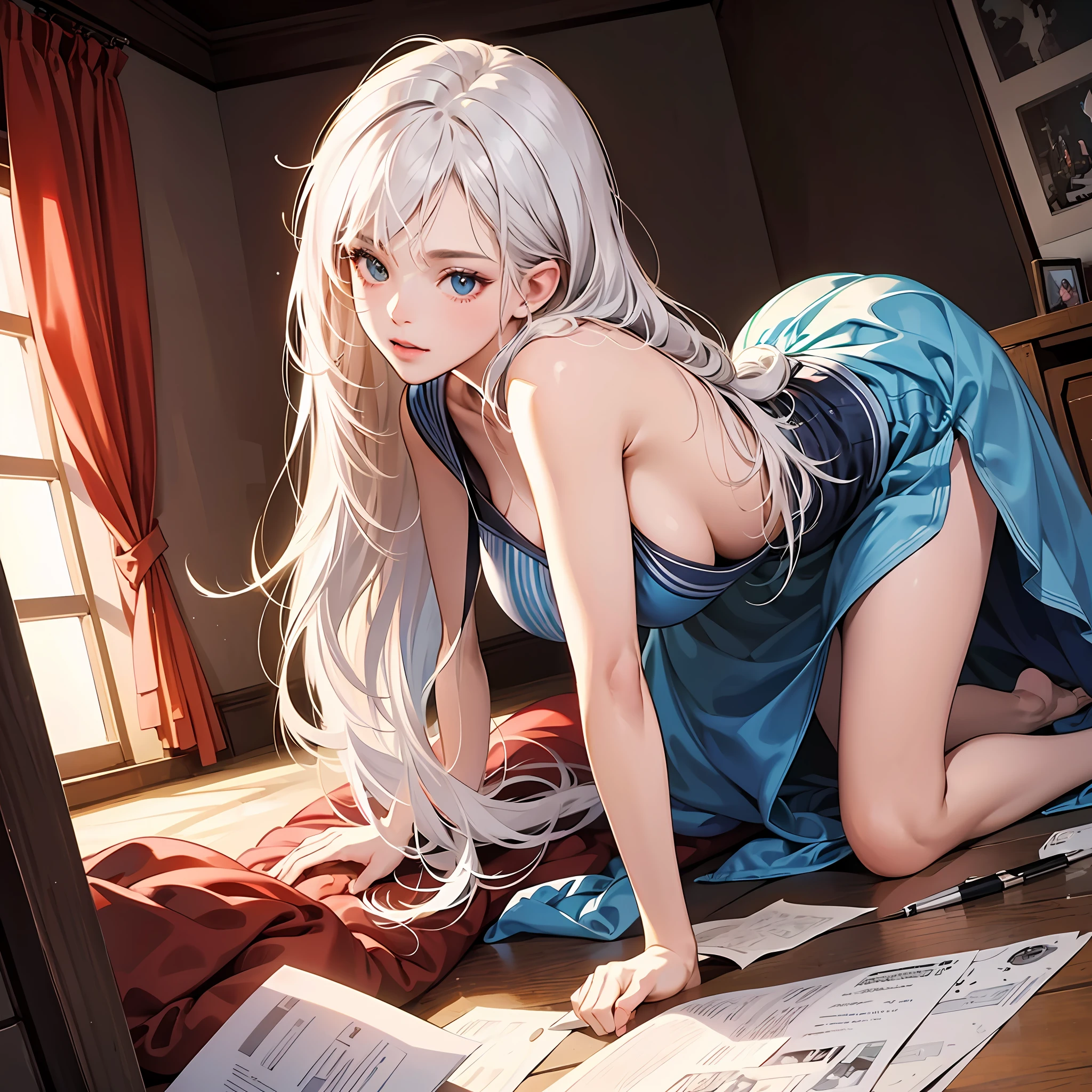 high resolution, highest quality, super high quality, super detail, ultra realistic, photorealistic, anime, illustration, super cute woman, all fours, front-down, unkempt medium white hair, huge breasts, perfect proportion, bedroom, from behind, --auto