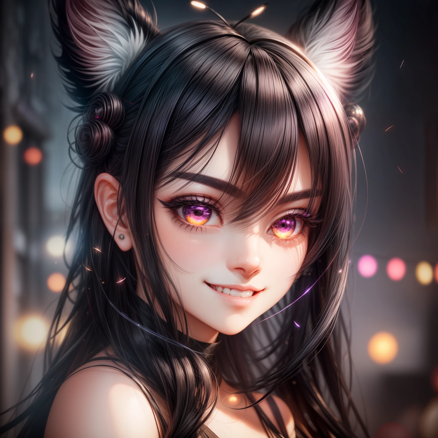 black hair, hair bobbles, wince, longeyelashes, solid circle eyes, fake animal ears, light smile, ear blush, fang, Surrealism, drop shadow, anaglyph, stereogram, tachi-e, pov, atmospheric perspective, 8k, super detail, ccurate, best quality --auto