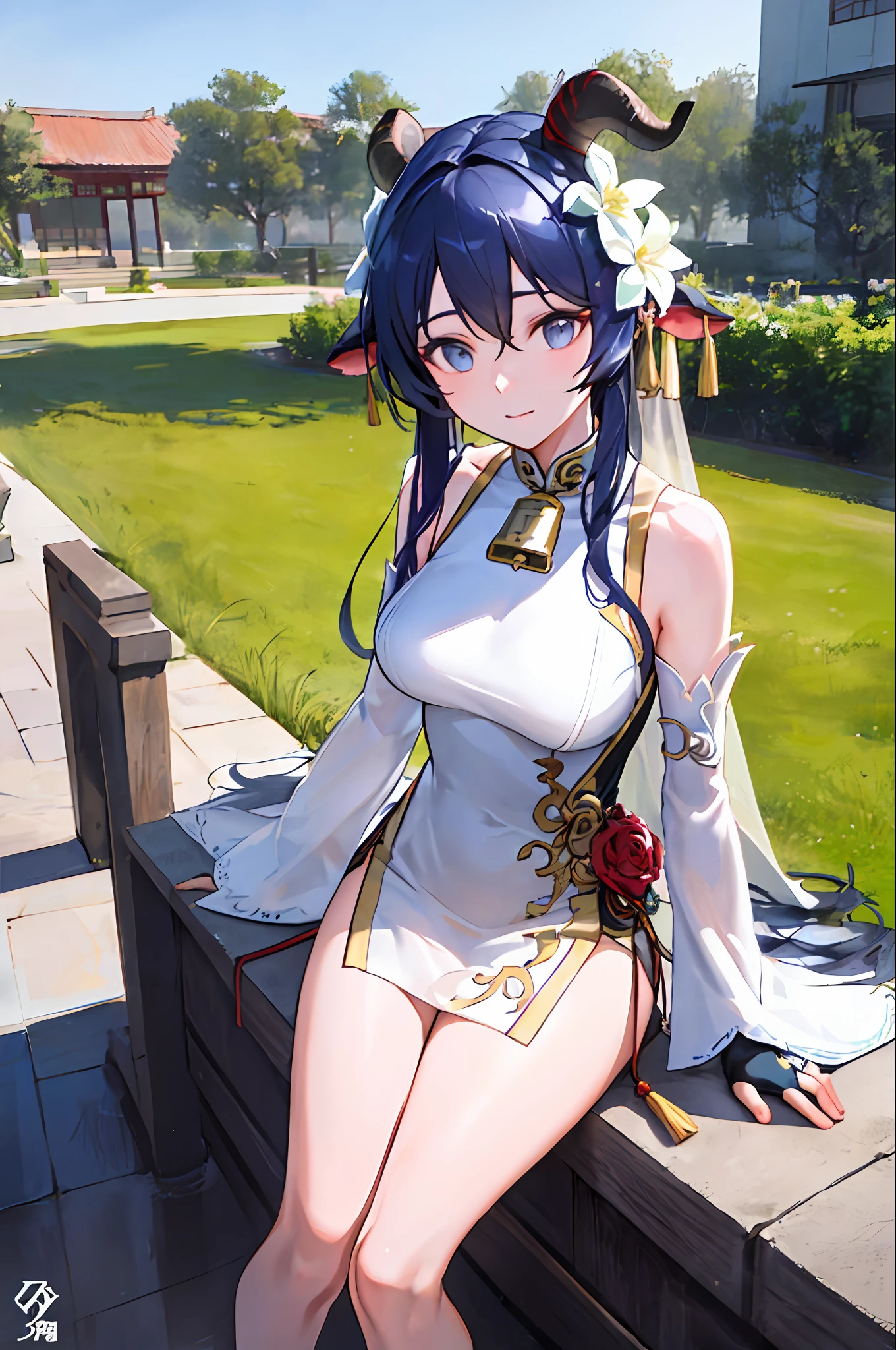 (Photorealistic:1.4), (巨作, side-lighting, fine detailed beautiful eyes: 1.2), 巨作*Portrait, Realistic, 3D face, 1girll, architecture, Luo Tianyi,Bare shoulders,wedding gown,flower ring,Holding a bouquet of flowers,Blushlush,Beautiful breasts,Chinese knot,the sleeve,flower knot,mitts,cow horn,rnlong hair,Soak up the sun,middlebreast,Neckbells,chies