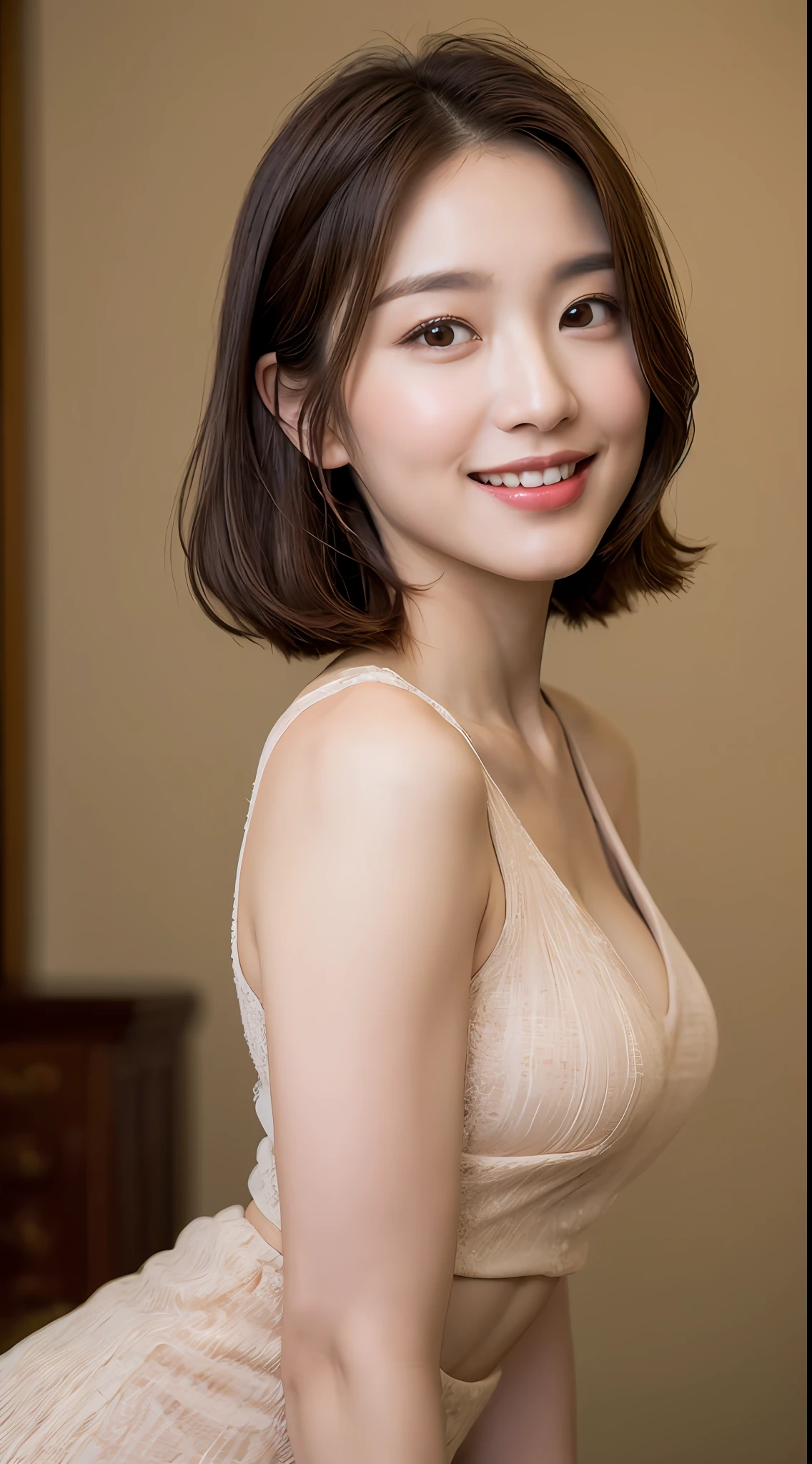 ((Best Quality, 8K, Masterpiece: 1.3)), 1 Girl, Slim Abs Beauty: 1.3, (Hairstyle Brown Hair Shortcut, Big: 1.2), Dress: 1.1, Super Slender Face, Delicate Eyes, Double Eyelids, Smile, Home, Raw Photo