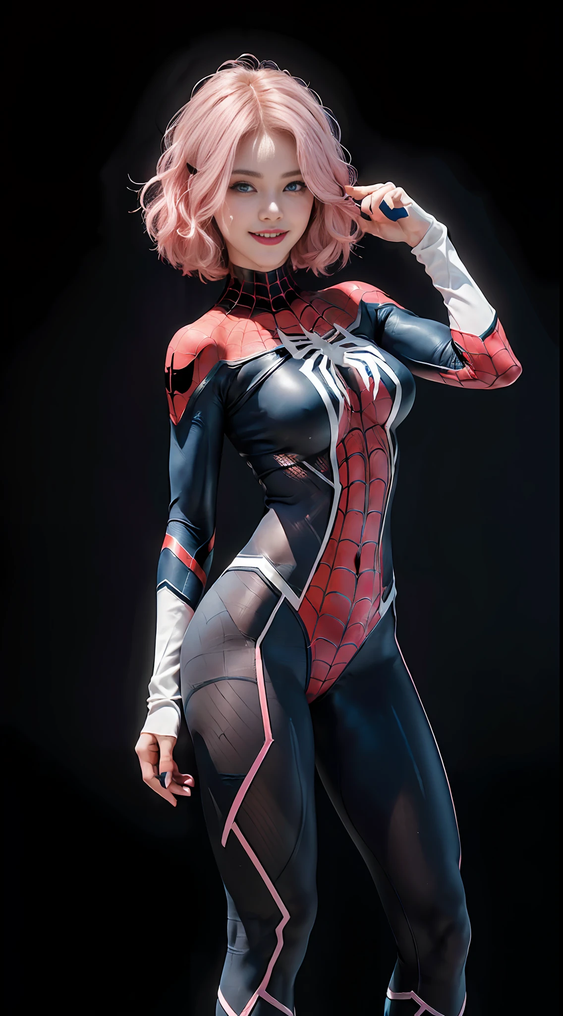 Gwen Stacy, Spider Gwen suit, tights, superheroes, (full body photo), ((Spider-man pose)), (dynamic pose tights, superhero, (blonde and pink hair), (blue eyes), animation, eyebrow piercing (side cut: 1.3), (asymmetrical_hair: 1.3), (one side of shaved head: 1.3), facial focus, 25yo, (slim: 1.3), (big breasts: 1.8), masterpiece, best quality, 1 girl , open eyes, blush, narrow waist, looking at viewer, standing, smiling, individually focused, realistic, very detailed, (from front), high resolution, (black background)