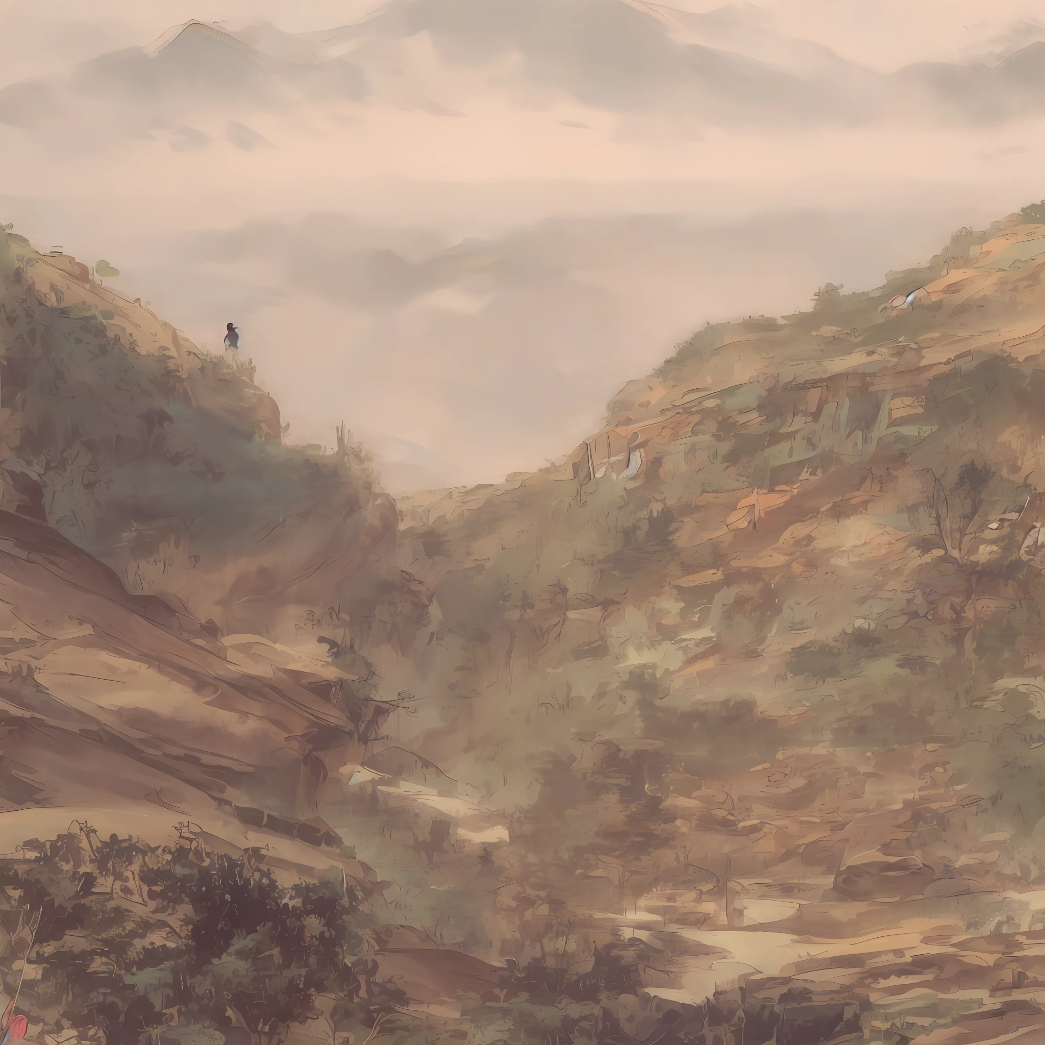 there is a man riding a horse on a rocky trail, view up, in the distance is a rocky hill, view from far away, View from below, View from the bottom, moutain in background, looking from slightly below, the mountain is steep, gorge in the mountain, view from bottom to top, from the distance, mountainous terrain, rocky hills