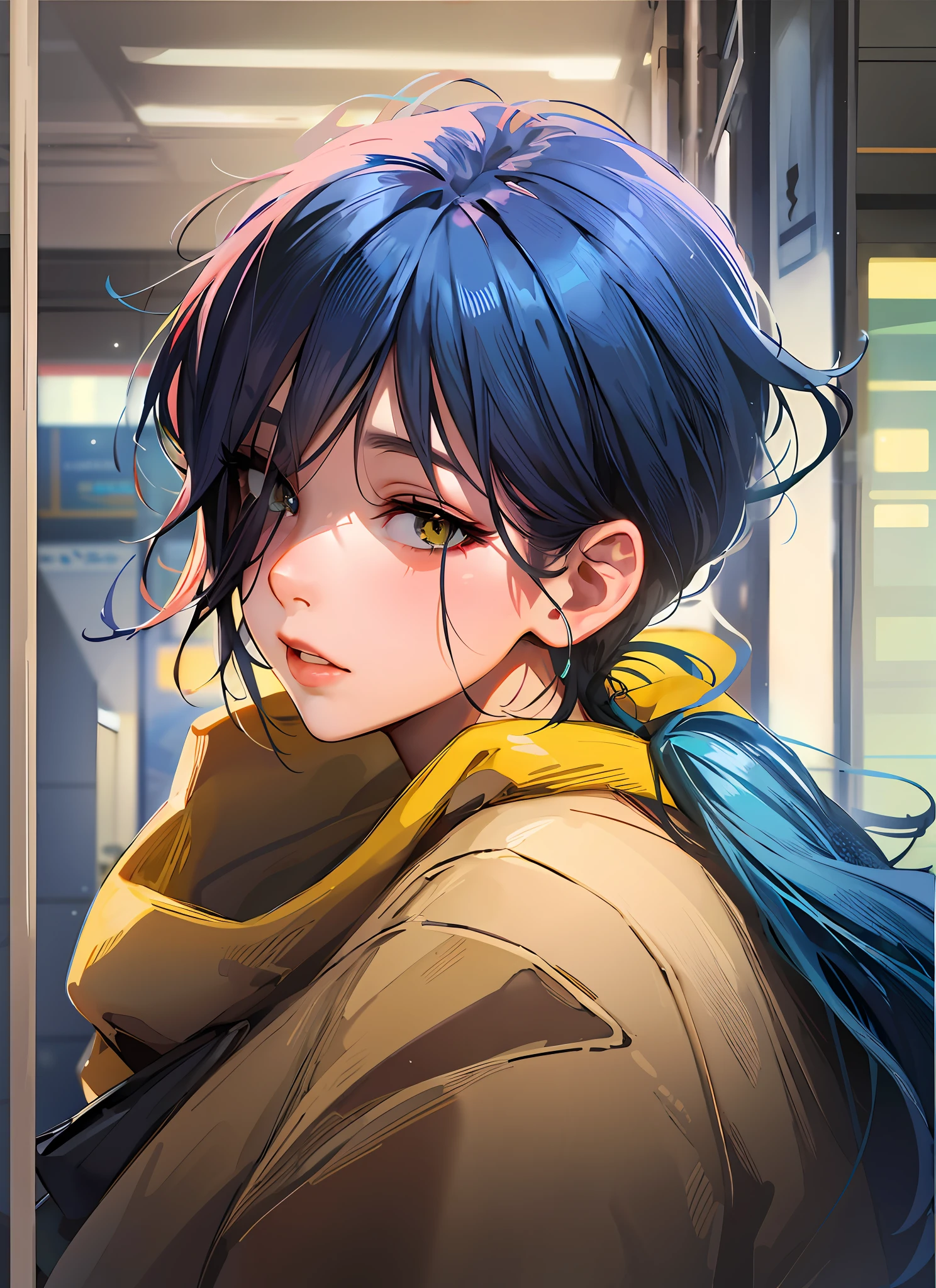 Anime girl with blue hair and yellow sweatshirt on the subway, portrait anime girl, realistic anime artstyle, Digital anime illustration, detailed portrait of an anime girl, a beautiful anime portrait, Anime girl portrait, style of anime4 K, cute anime girl portraits, anime style portrait, Portrait of an anime girl, Anime moe art style, Portrait of an anime girl, girl portrait,Blue and yellow eyes