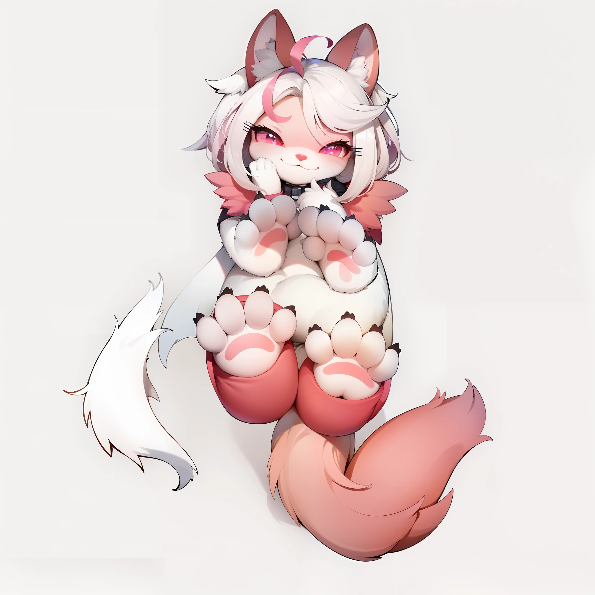 White flat,Grass background(is obfuscated),Flsona female,Posture full body,Pink tail and eyes,Emphasis on cute styles and pet themes,Lightning pattern tail(white colors),State the Fossona cultural and artistic keywords,fursona furry art commission,fursona art,Outstanding cultural heritage,Cute smile