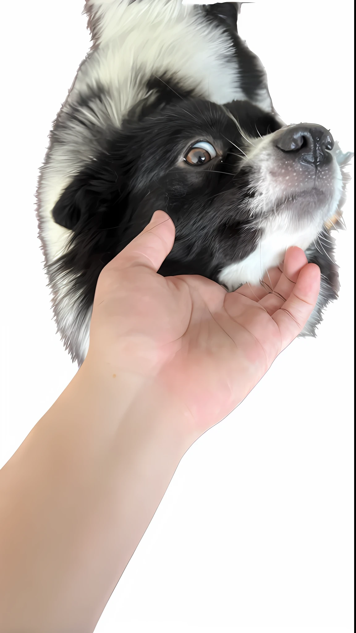 Someone had a dog in his hand，Ao olhar para cima, holding paws, wave a hand at the camera, holding his hands up to his face, small jaw, waving at the camera, hand over mouth, rubbing hands!!!, Extremely high contrast!, hand on his cheek, Hand on cheek, having a snack, holding it out to the camera, sci fi background