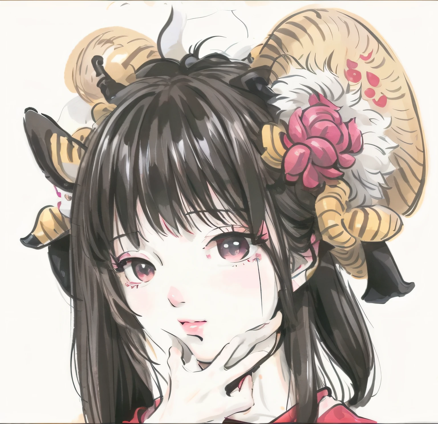 anime girl with horns and a flower in her hair, girl design lush horns, With horns, in an anime style, anime moe art style, cute horns, made with anime painter studio, goat horns on her head, In a Japanese anime style, In anime style, shikamimi, painted in anime painter studio, anime art style, semirealistic anime style, anime style portrait