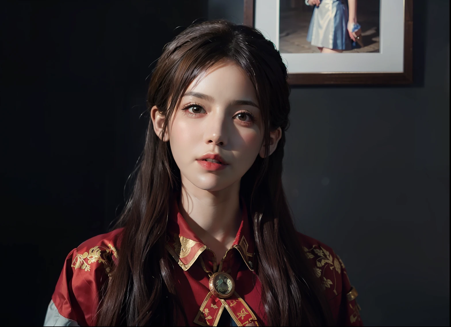 Hyperrealist portrait of female by david hockney and alphonse mucha,fantasy art, photo realistic, dynamic lighting, artstation, poster, volumetric lighting, very detailed faces, 4 k, award winning,, 1girl, in the dark, deep shadow, low key,cowboy shot,(official clothing:1.4) ,long hair,white hair,