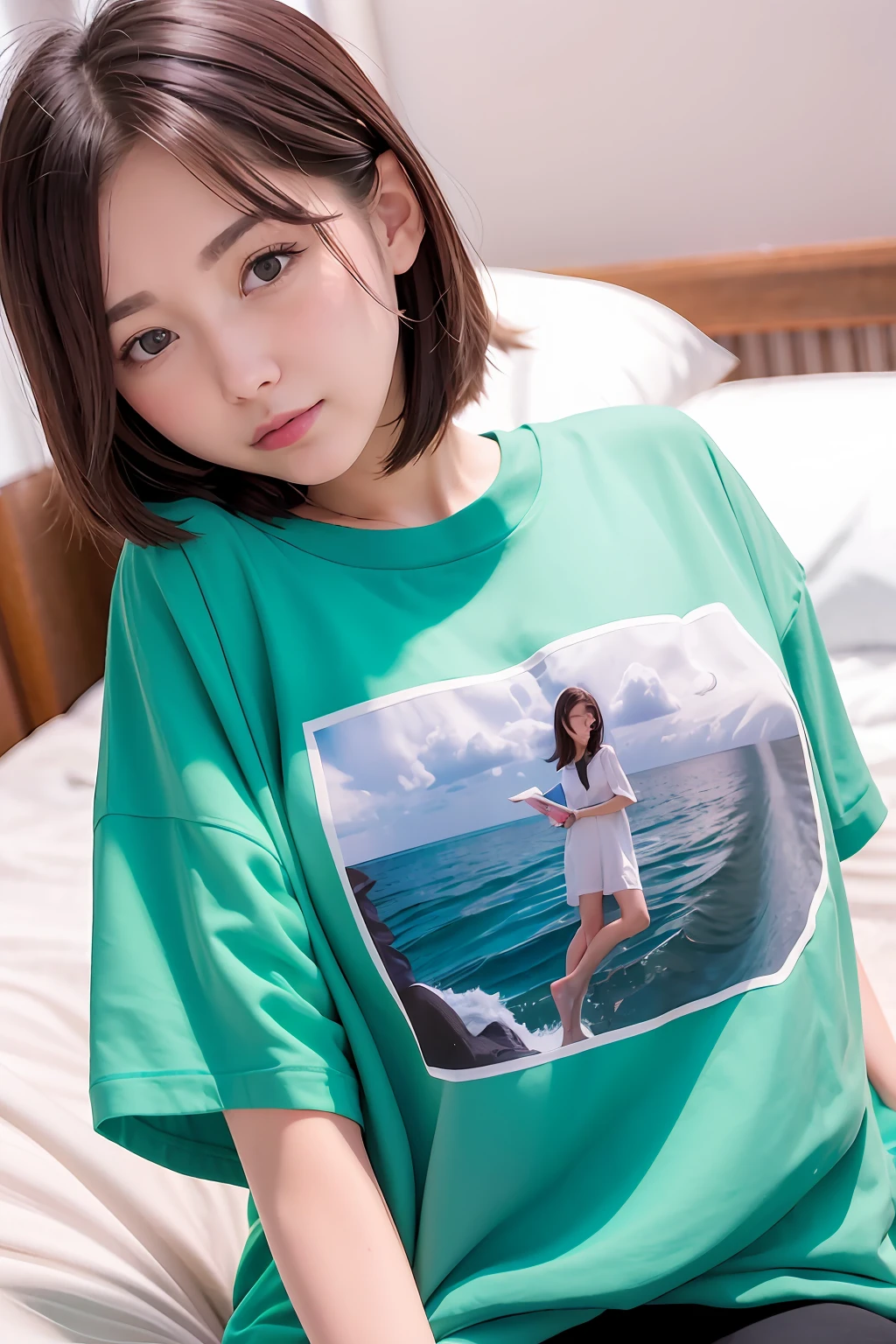 A girl in a sea soul shirt lying on the bed
