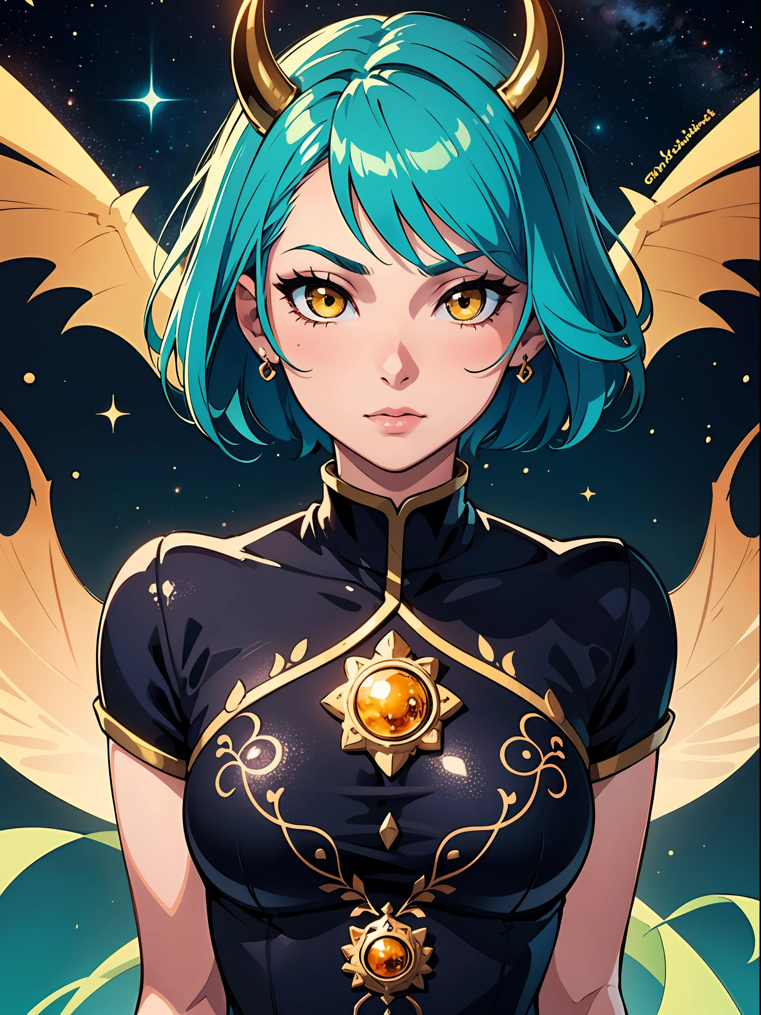 masterpiece, best quality, extremely delicate and beautiful, ultra-detailed, 1girl, ((short aqua hair)), demon, ((mature, woman)), yellow eyes, black horns, full body, stars, galaxy, detailed background, velvet, brocade, embroidery, jewels, floating hair, cinematic light, posed body, mystical, detailed_eye, face, detailed eyes