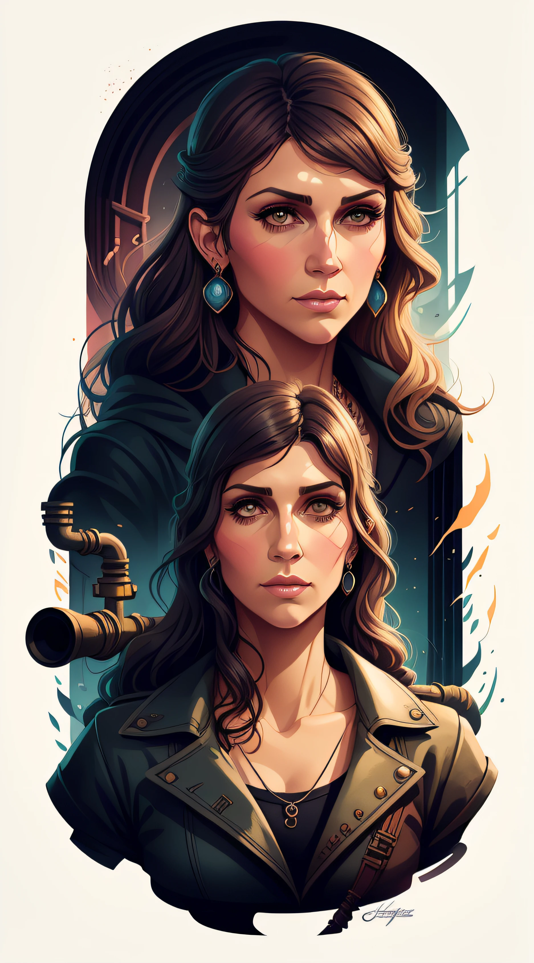 Retrato realista de litografia de Charlie Bowater por JENNIFER ESPOSITO, flor, [engrenagens], Pipes, Dieselpunk, fitas multicoloridas, textura de papel velho, altamente detalhado --auto