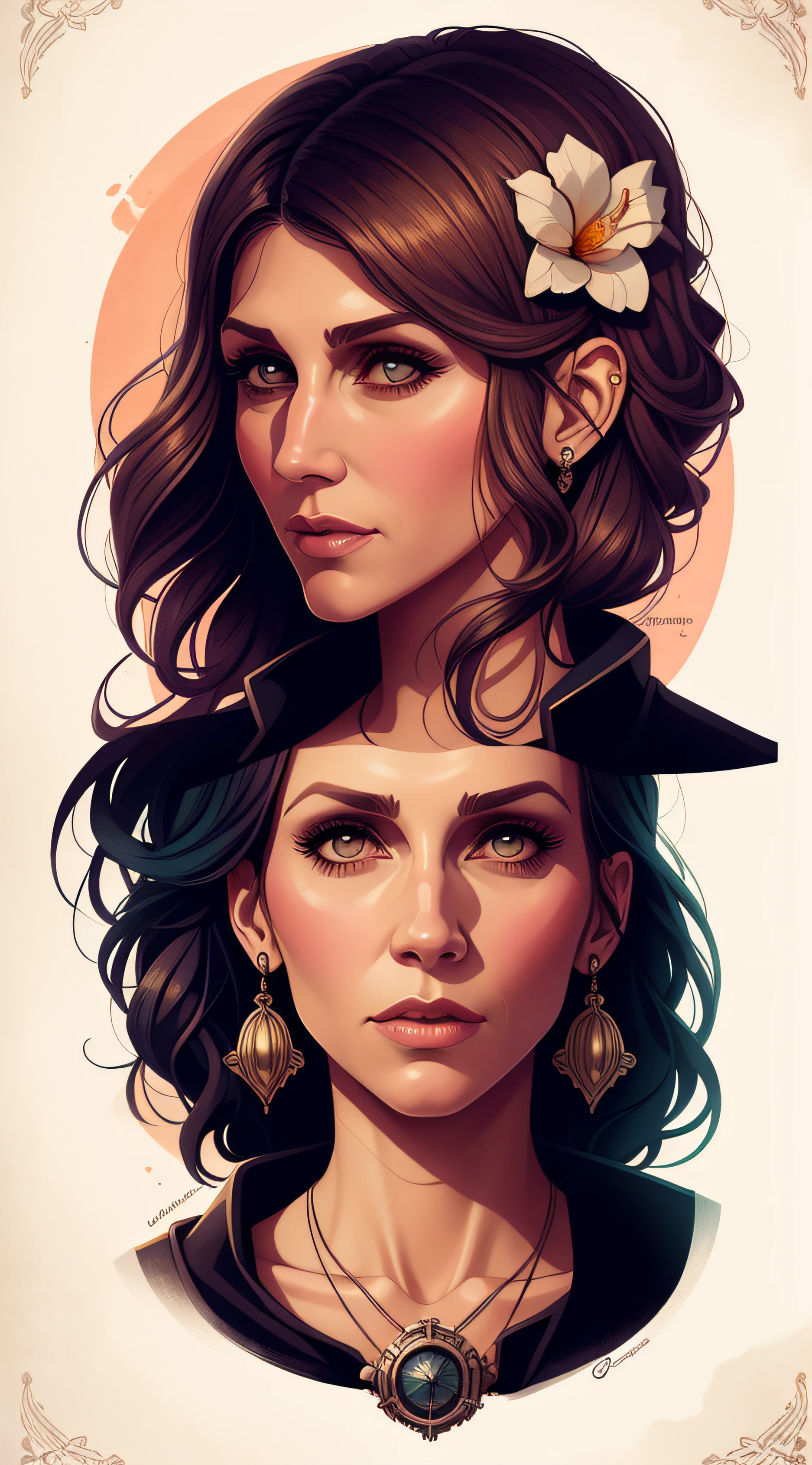 Retrato realista de litografia de Charlie Bowater por JENNIFER ESPOSITO, flor, [engrenagens], Pipes, Dieselpunk, fitas multicoloridas, textura de papel velho, altamente detalhado --auto