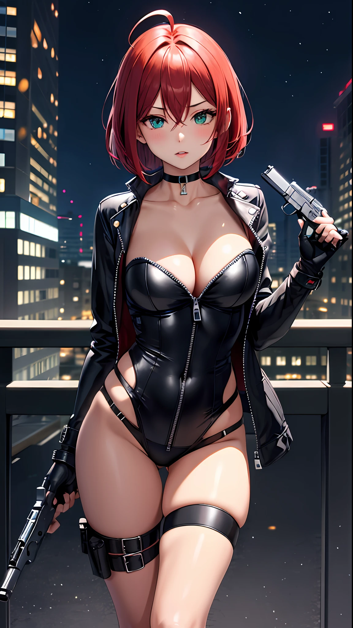 1girl, breasts, solo, red hair, weapon, looking at viewer, gloves, night, short hair, gun, green eyes, parted lips, choker, black gloves, bodysuit, medium breasts, black choker, holding weapon, zipper, handgun, fingerless gloves, cowboy shot, holding gun, black bodysuit, holding, building, outdoors, bangs, collarbone, skyscraper, cleavage, thigh strap, standing, zipper pull tab, partially unzipped, unzipped, long sleeves, city, holster, thigh holster, cityscape, night sky, mole, railing, skin tight, hair intakes, thighs, hair between eyes, ahoge, center opening, sky, open clothes, full-length zipper, jacket, aqua eyes, bob cut, no bra, covered navel, blush,