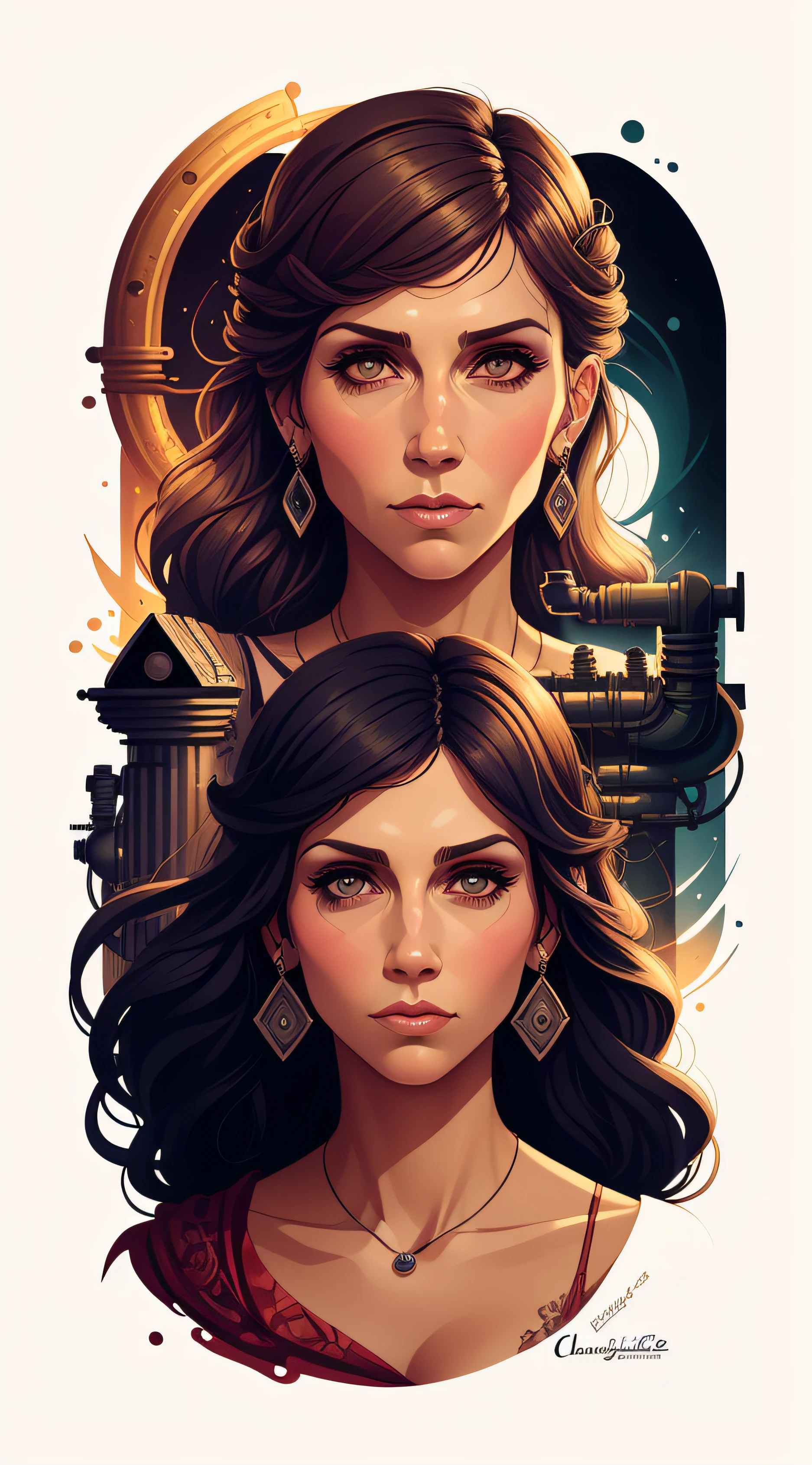 Retrato realista de litografia de Charlie Bowater por JENNIFER ESPOSITO, flor, [engrenagens], Pipes, Dieselpunk, fitas multicoloridas, textura de papel velho, altamente detalhado --auto