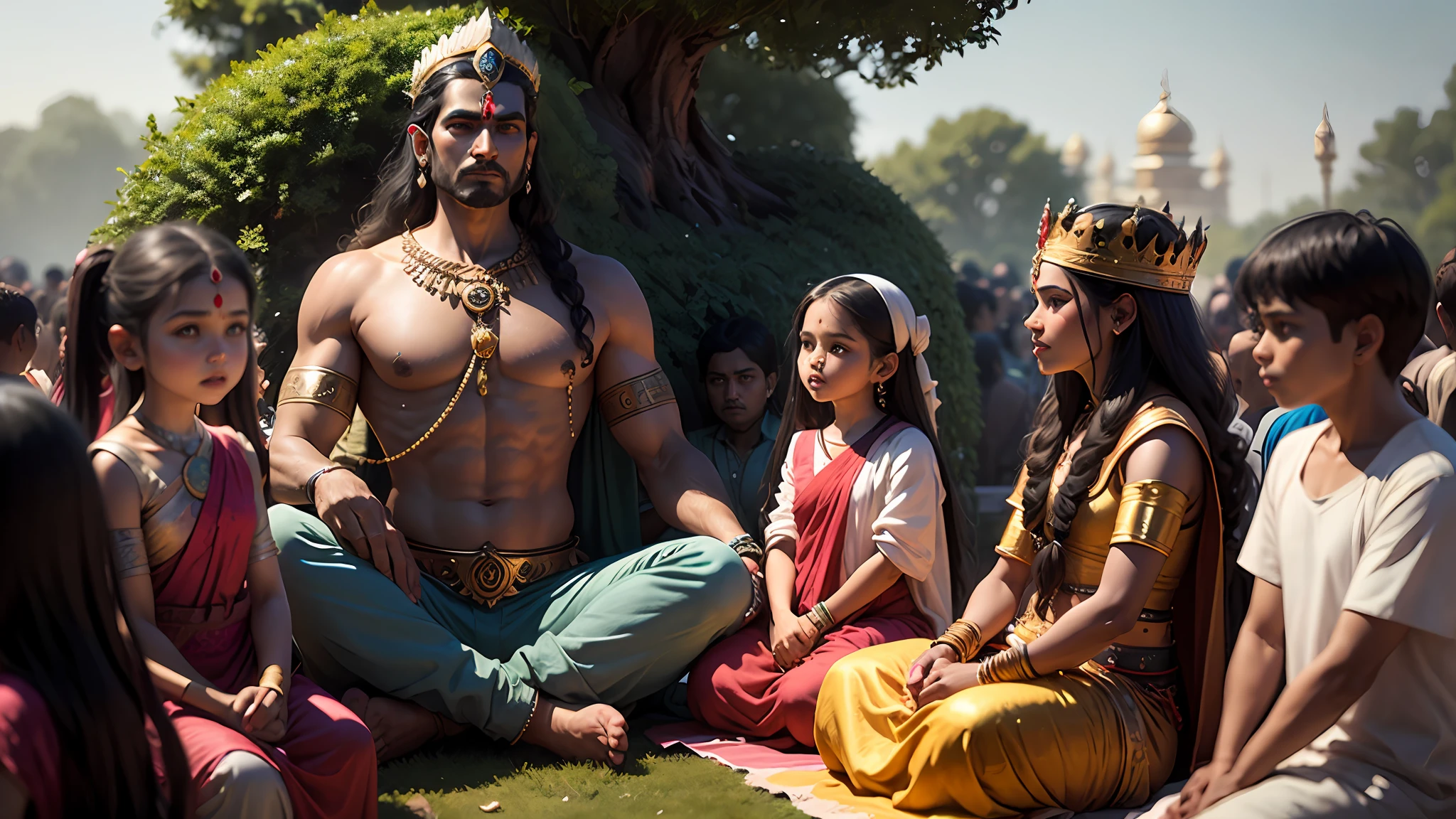 Shiva the indian god , 8k ultra realistic ,in a royal garden , he is a king and there many peoples , many kids crowd there in front of king , there is a many indian kids and he ask some questions to king