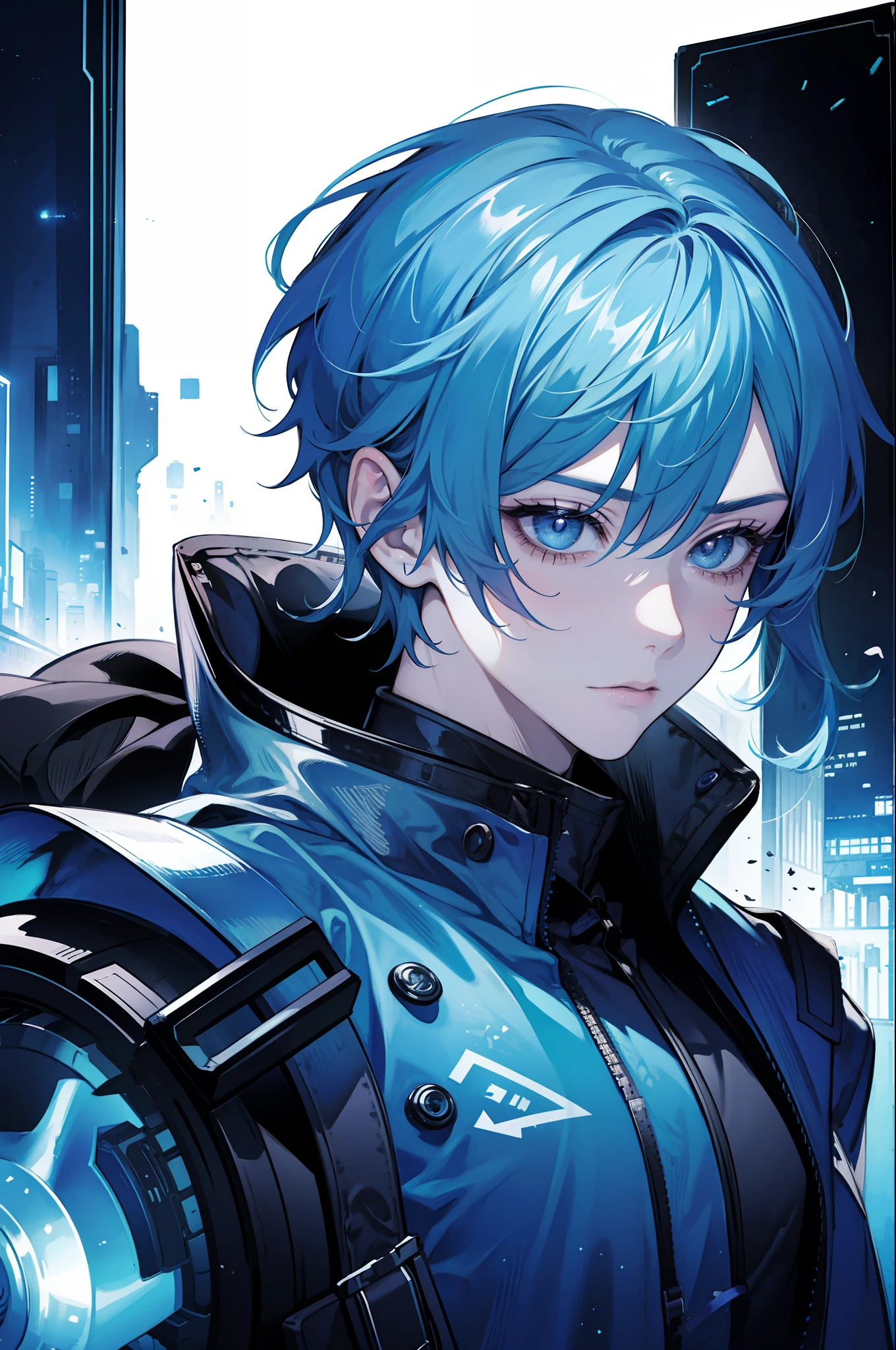(hoang lap,A high resolution,ultra - detailed),1male people,adult,Handsome,Tall muscular man,broad shoulder,Elaborate Eyes,cyber-punk,the motorcycle,Neon hair,holograph,velocity,nightcity,Two-dimensional masterpiece Maximum image quality 1080p Single black and blue long-haired boy, Messy hair, muscles, cyberpunk,high - tech, Cool,eardrop。Handsome, cold, half-body portrayal close-up, clear face, clear and delicate eye description, detailed face description, two-dimensional male correct facial features, correct eye proportions。 masterpiece, best quality, ultra detailed,an extremely delicate and beautiful, beautiful detailed eyes, detailed light beautifully +Firefly 1boy robe shinelight lighting particle, illustration.watercolor colorful beautifully painted