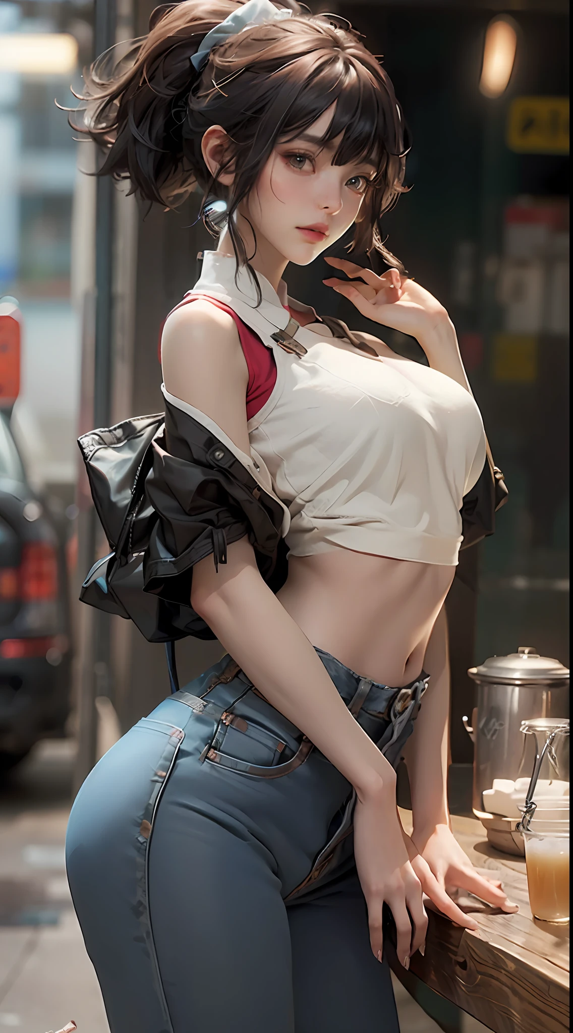 ((best quailty)), ((tmasterpiece)), (the detail:1.4), 3D, A beautiful cyberpunk female image,hdr(HighDynamicRange),Ray traching,NVIDIA RTX,Hyper-Resolution,Unreal 5,Subsurface scattering、PBR Texture、post-processed、Anisotropy Filtering、depth of fields、maximum definition and sharpness、Many-Layer Textures、Albedo e mapas Speculares、Surface coloring、Accurate simulation of light-material interactions、perfectly proportioned、rendering by octane、Two-colored light、largeaperture、Low ISO、White balance、thirds rule、8K raw data、(Skinny denim shorts and skinny sports vest:1.3),(large tities:1.3)