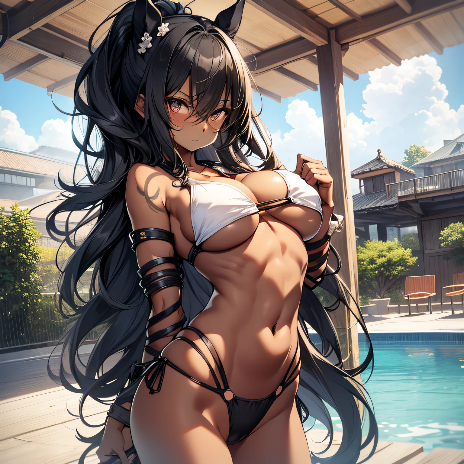 beste-Qualit、(1girl:1.1)、(nsfw)、super detailed skin、Horse ears、pool、((30 old year))、((beautiful face))、(tall)、toned body type、
((without underwear))、((no shirt))、((No jacket))、((no ornaments))、
looking at viewer、(breast focus)、ccowboy shot、
(((arched back)))、(((bent over)))、breast hold、
high-leg swimsuit\(((((high cut:0.1\)))))\(side-tie\)\((Simple thin bra strap\))\(Thong\)\(A black\)\(Small fabric area\)\(Does not crumble\)、
((very large round breasts with tension,:2.0))、(underboob:1.9)、(sideboob:1.9)、(cleavage:1.9)、
(abs:0.3)、(Rectus abdominis muscle:0.3)、((six pack abs:1.2))、((slender:1.8))、(narrow waist:1.8)、navel、((Lower belly exposure))、((Shoulders exposed))、((Neck exposure))、
skin(dark skin:1.7)、stomach、pussy line、gleaming skin、small face、(collarbone:1.2)、
ponytail、flipped hair、black hair、middle hair、long hair、
embarassed expression、The eye\(Fishing eyes\)、Upper eye、Moist eyes、
tattoo\(shoulder\)\(breastsout\)\(lower back\)、narrow waist、
(flat ass)、(hip bones:0.3)、(horse\(tail\))、
(thighs thighs thighs thighs:0.3)、 ((toes))、(sandals)