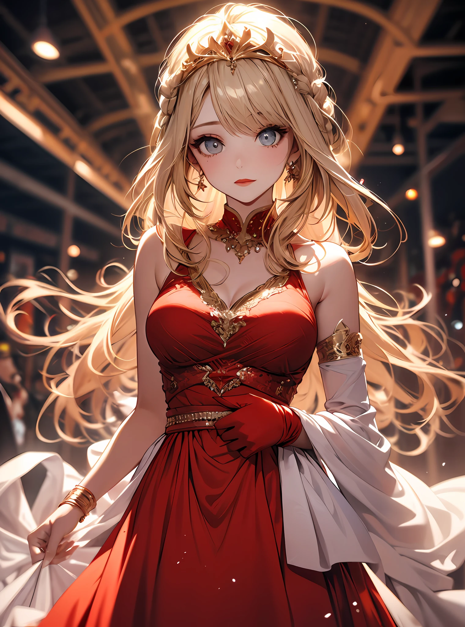Absurdo, (master part, best quality, alto, Ultra Detalhado), rosto detalhado, olhos detalhados, pele detalhada, profundidade de campo, ray tracing, Cinematic light, profundidade de campo, joias ornamentais, red flowing dress, vestido de renda, tiara, Cabelos Longos, penteado intrincado, blonde hair, (((penteado priscila))), olhos azuis, Olhos Radiante, Olhando para o Viewer, Looking at camera, Ethereal, ethereal background, (((cowboy shot))), Meias, Red lipstick