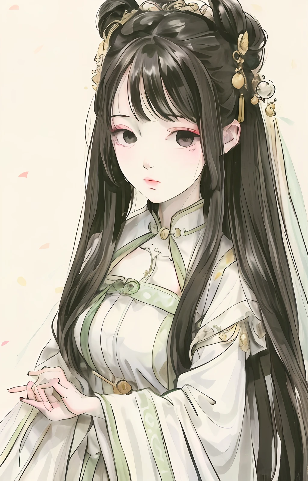 ((ancient wind)),((China-style)),(((((Black long straight))))),(((Tie up two strands of hair))),(brunette color hair),((Green antique long dress)),((White sleeves)),((Tsundere)),((apathy)),closeup of face,The upper part of the body,Side Body,looks into camera,