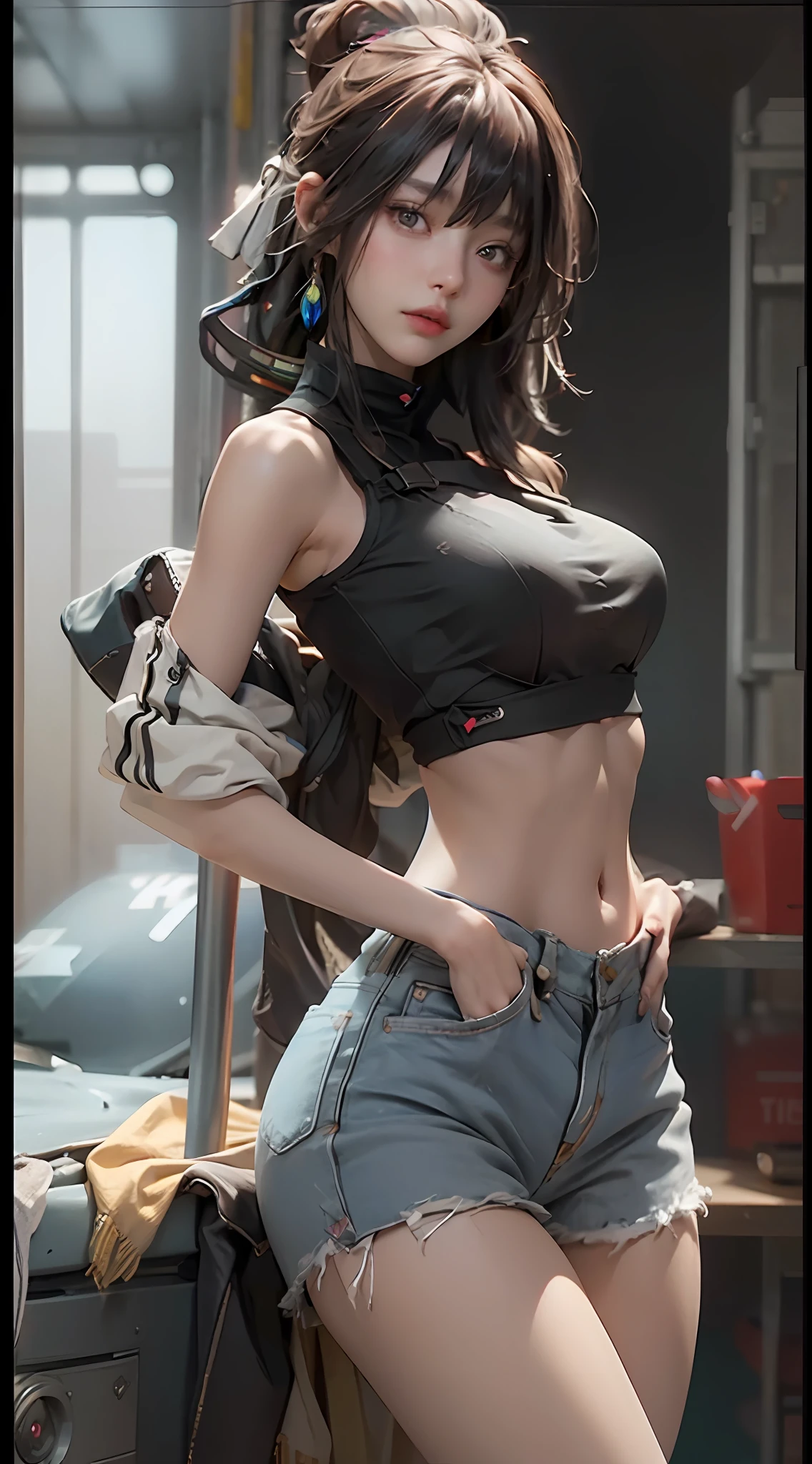 ((best quailty)), ((tmasterpiece)), (the detail:1.4), 3D, A beautiful cyberpunk female image,hdr(HighDynamicRange),Ray traching,NVIDIA RTX,Hyper-Resolution,Unreal 5,Subsurface scattering、PBR Texture、post-processed、Anisotropy Filtering、depth of fields、maximum definition and sharpness、Many-Layer Textures、Albedo e mapas Speculares、Surface coloring、Accurate simulation of light-material interactions、perfectly proportioned、rendering by octane、Two-colored light、largeaperture、Low ISO、White balance、thirds rule、8K raw data、(Skinny denim shorts and skinny sports vest:1.3),(large tities:1.3)