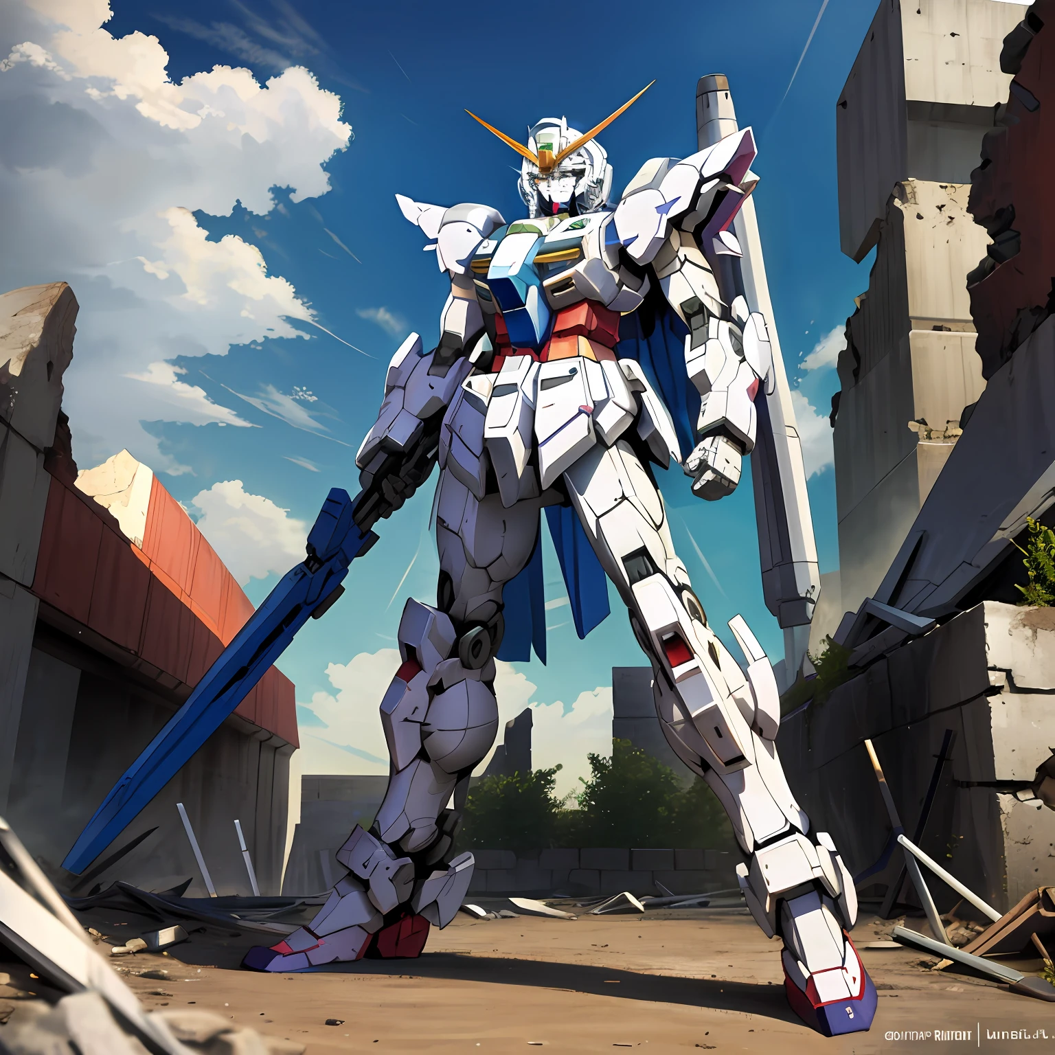 The white Gundam stands above the ruins