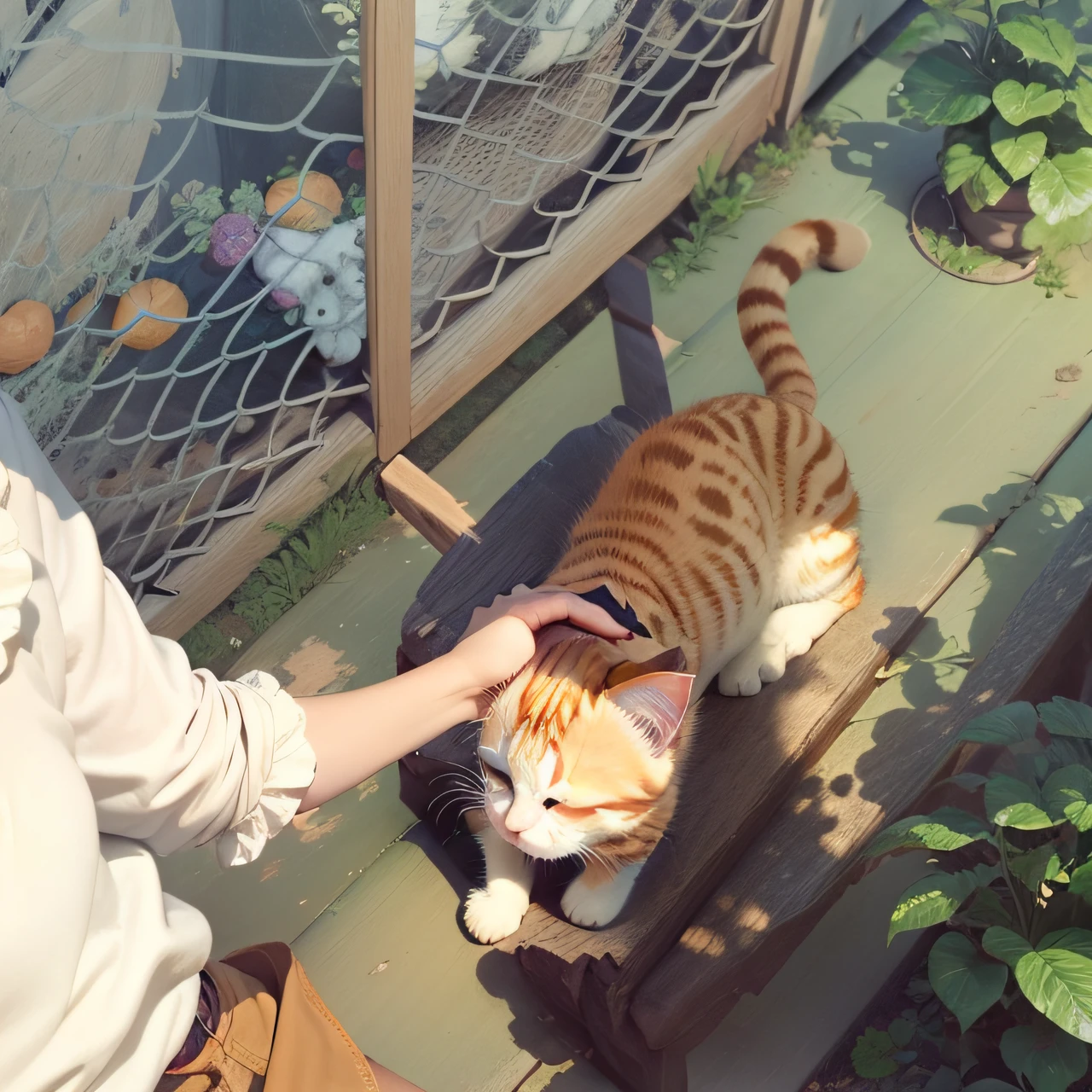 A hand strokes an orange kitten,Light and shadow hyper-detail --auto