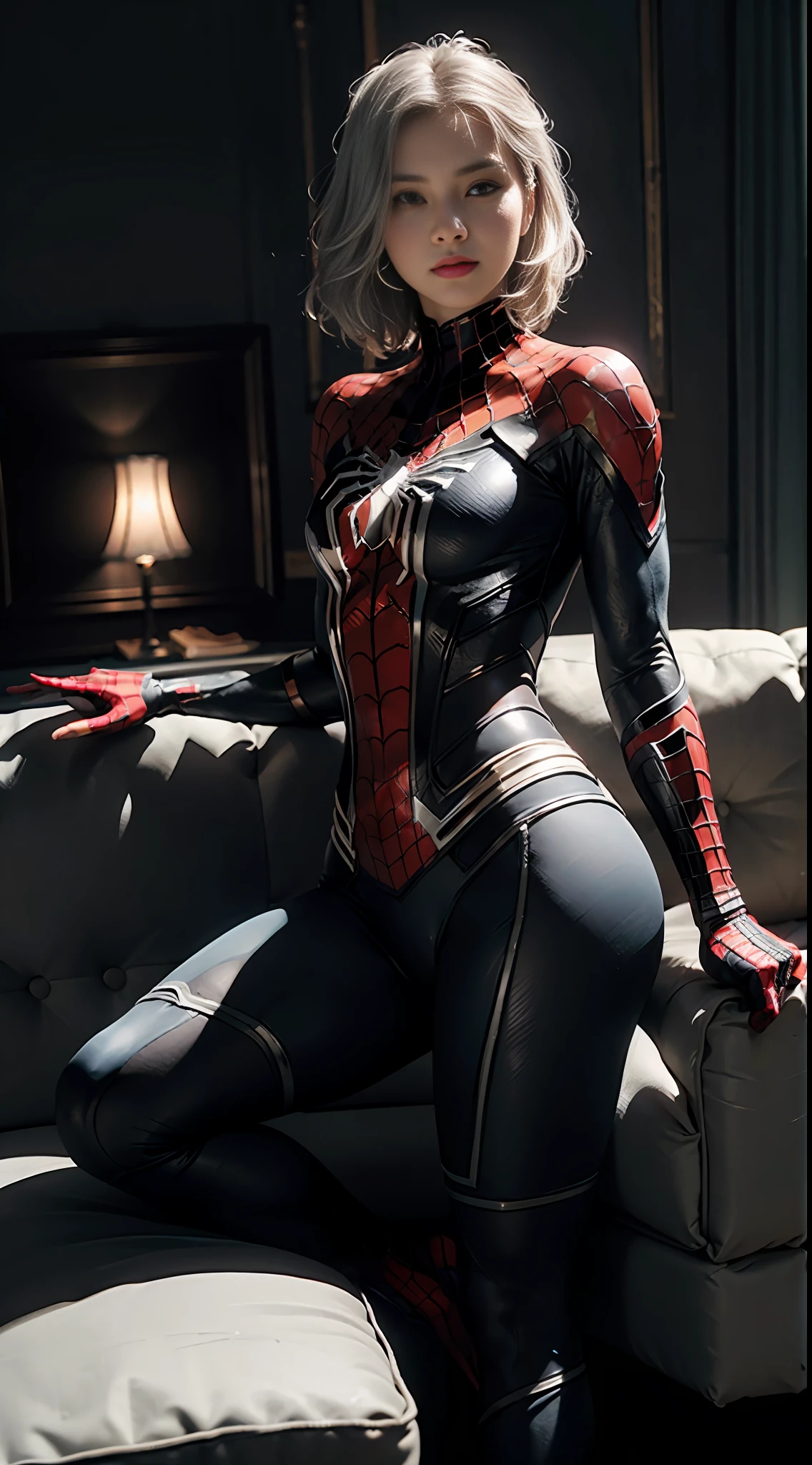 (Extreme Detail CG Unity 8K wallpaper, masterpiece, highest quality), (Exquisite lighting and shadow, highly dramatic picture, Cinematic lens effect), a girl in a white Spider-Man costume, silver gray hair color, from the Spider-Man parallel universe, Wenger, Marvel, Spider-Man, sitting on the couch, dynamic pose), (excellent detail, excellent lighting, wide angle), (excellent rendering, enough to stand out in its class), focus on white Spider-Man costumes, complex spider textures