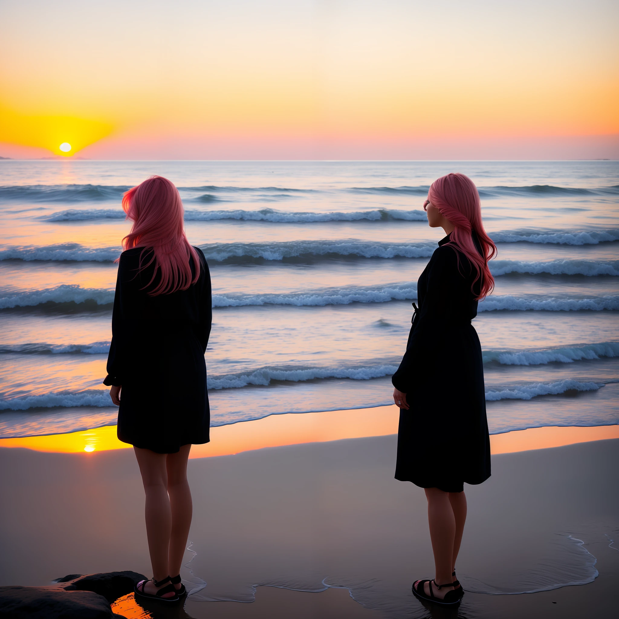 Pink haired standing by the sea in the sunset